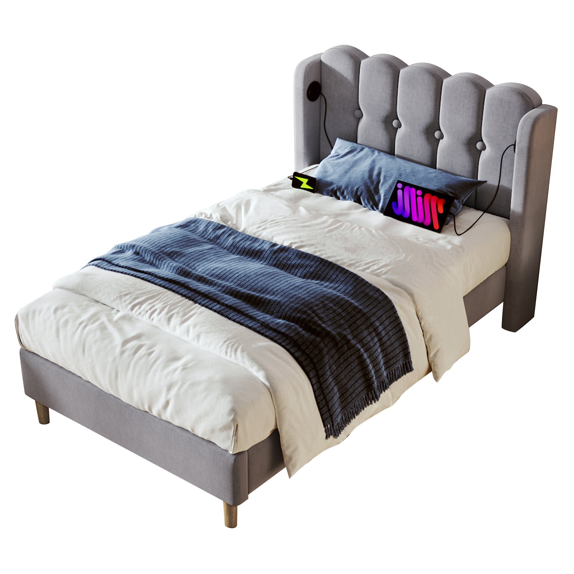 Upholstered Single Bed with USB and Type-C Charging, Wooden Slatted Frame, Grey Linen Material (No Mattress)