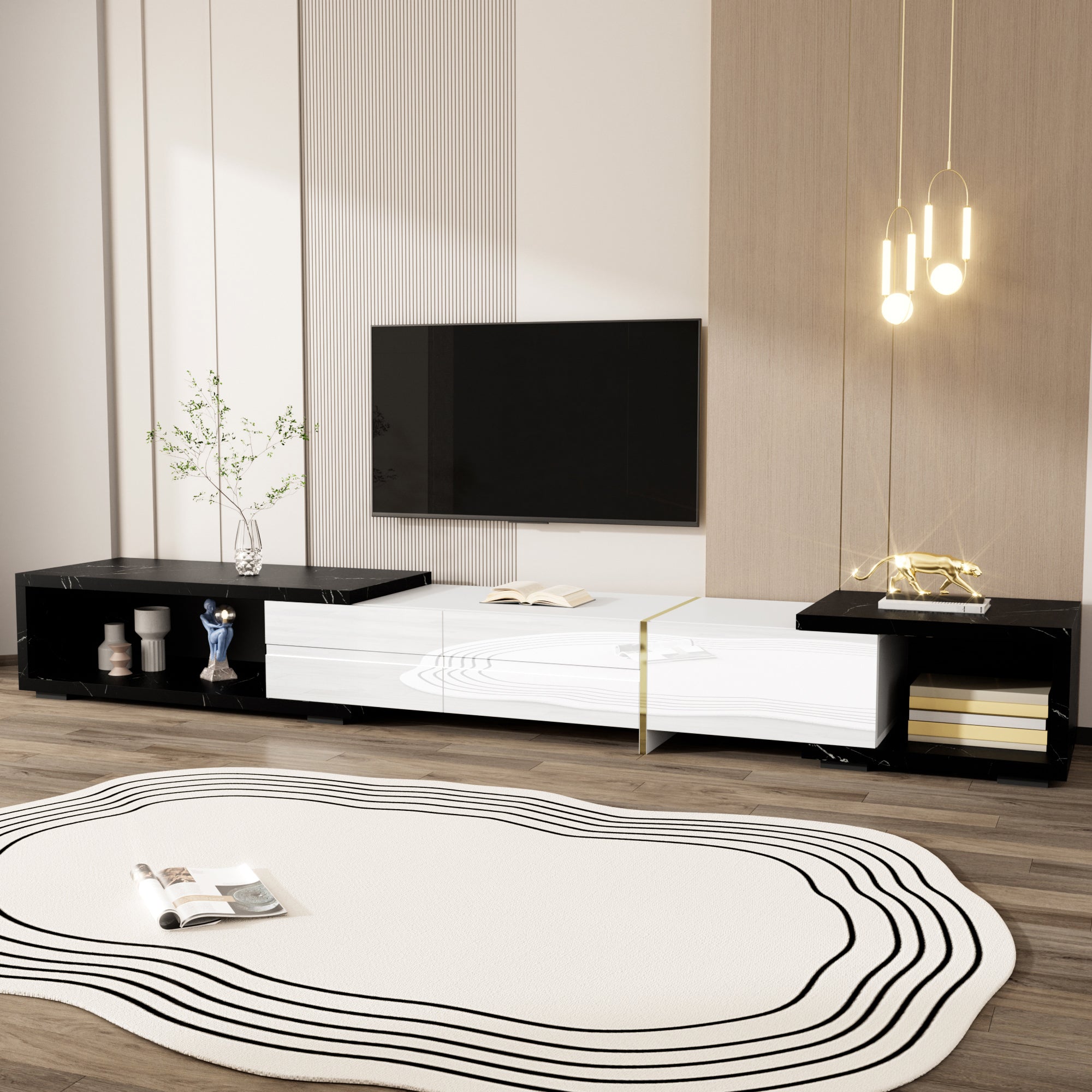 TV Cabinet, Adjustable Length (140-260 cm) Swivel, Black Marble, White High-Gloss Matte, Gold Trim