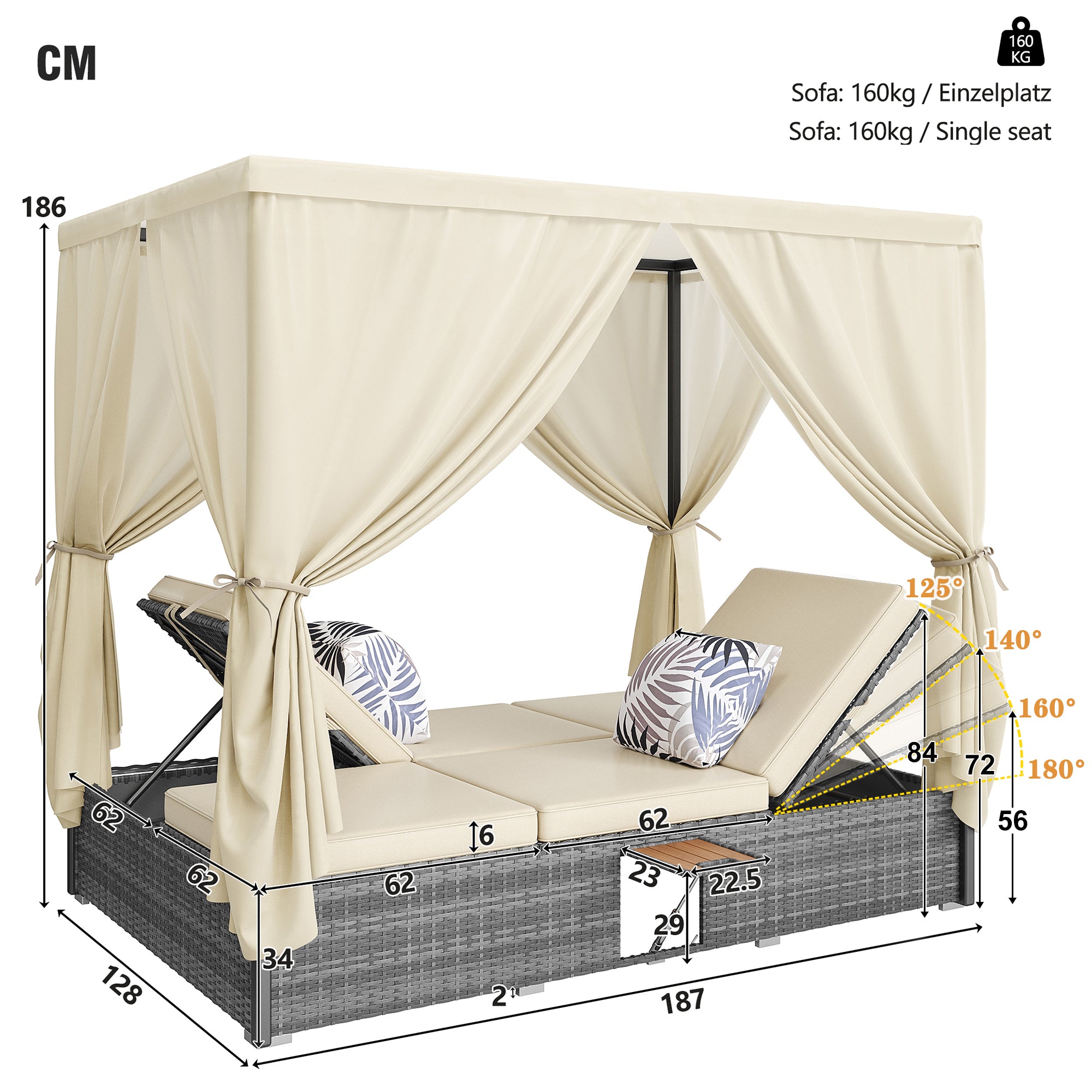 Rattan Garden Lounger Double Bed with Shade Curtain, Foldable & Table - Cream-White