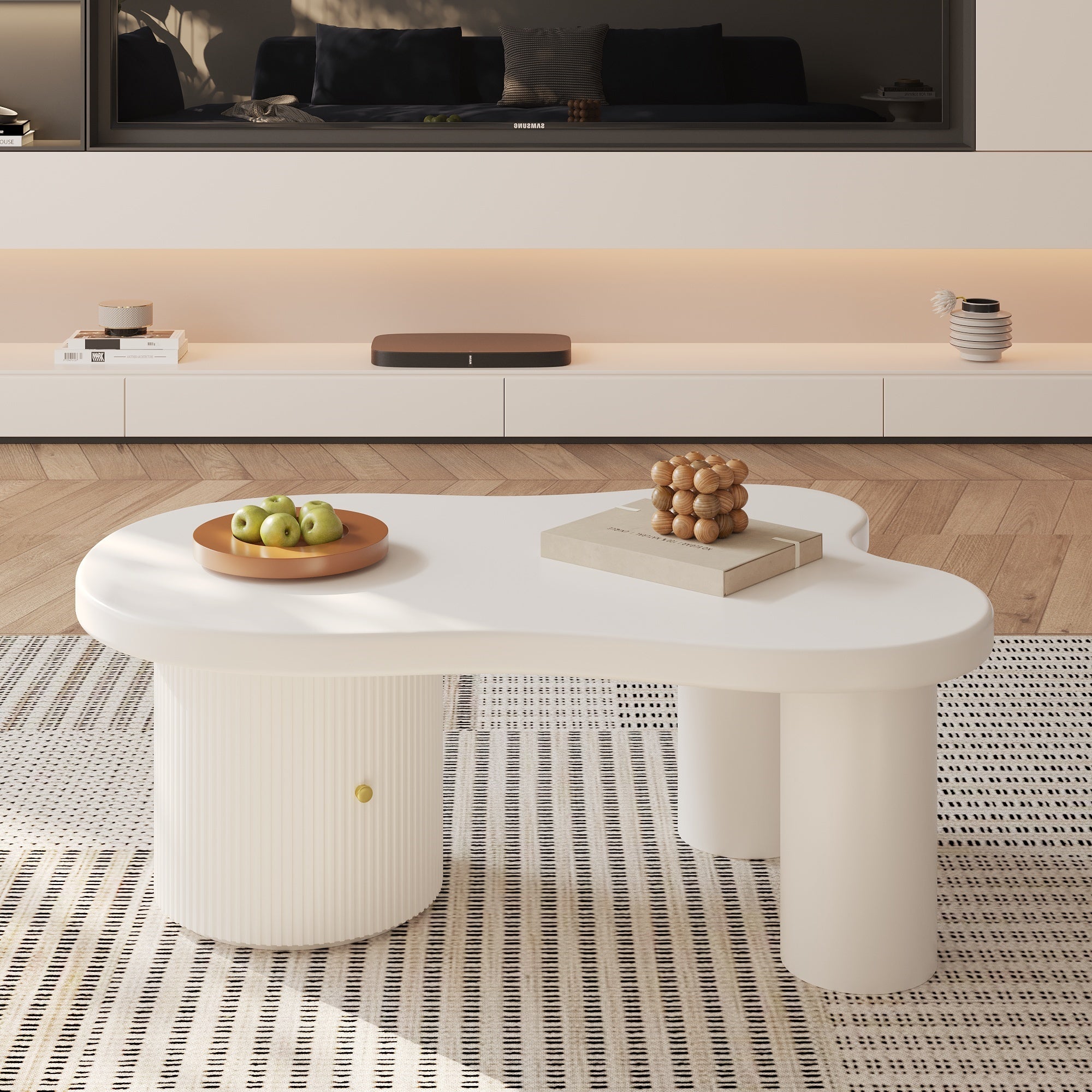 Asymmetrical Coffee Table, Stylish Sturdy with Storage, White