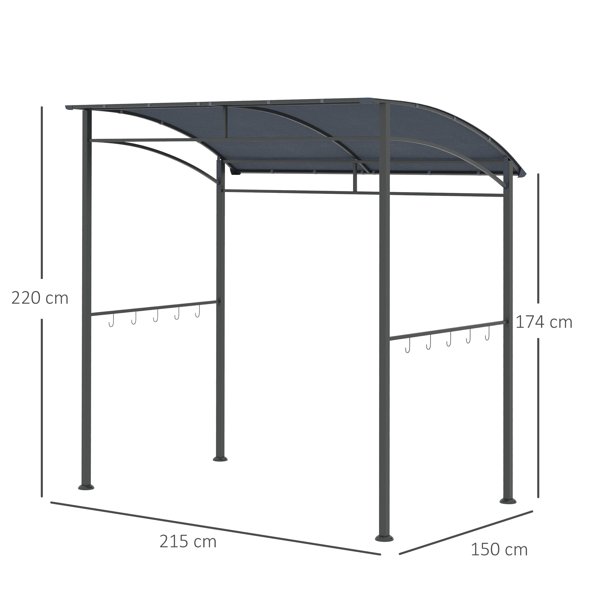 BBQ Grill Gazebo Tent 2.2 x 1.5m Metal Frame Curved Canopy 10 Hooks Grey