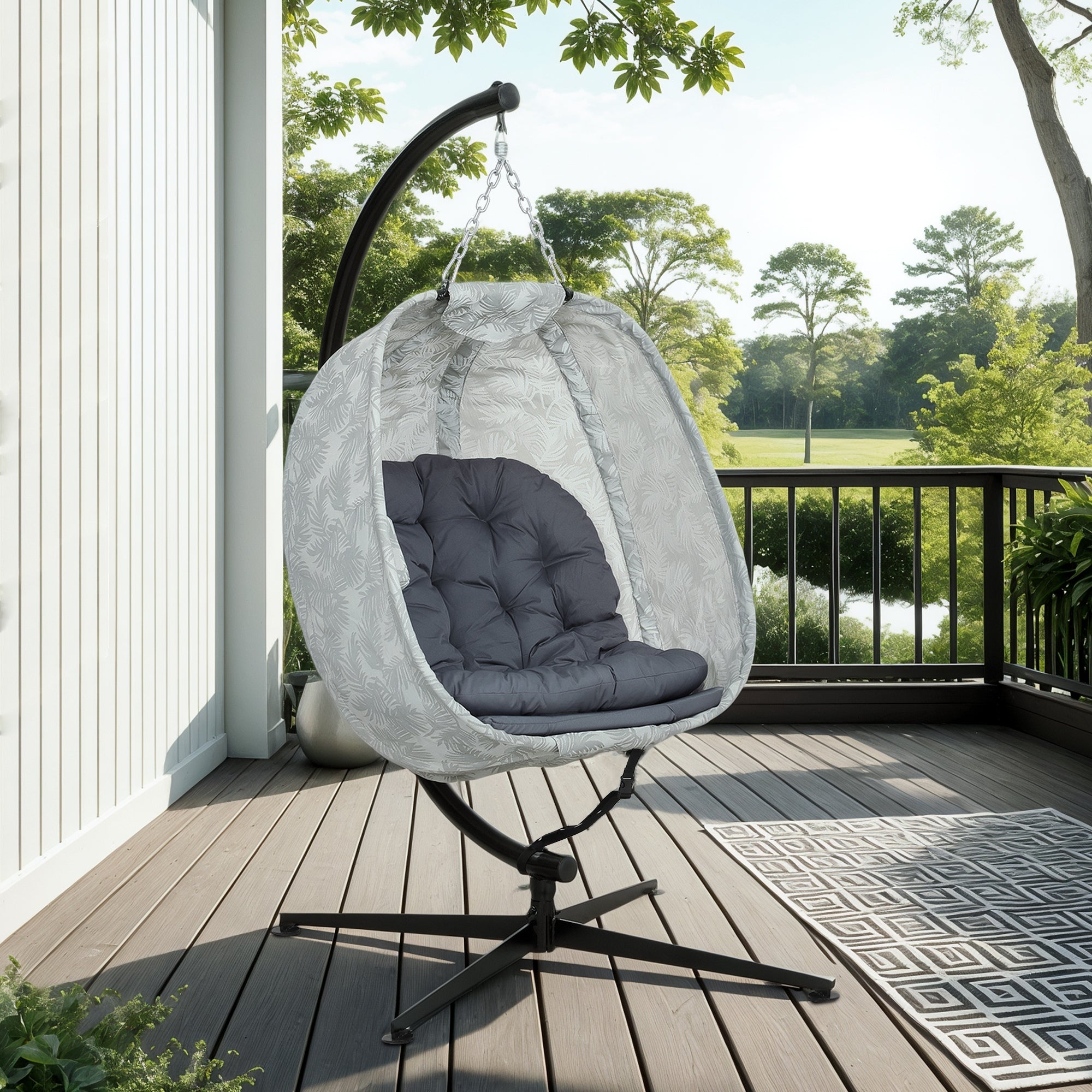 Hanging Egg Chair Folding Swing Chair with Stand, Thick Cushion, Cup Holder, Grey
