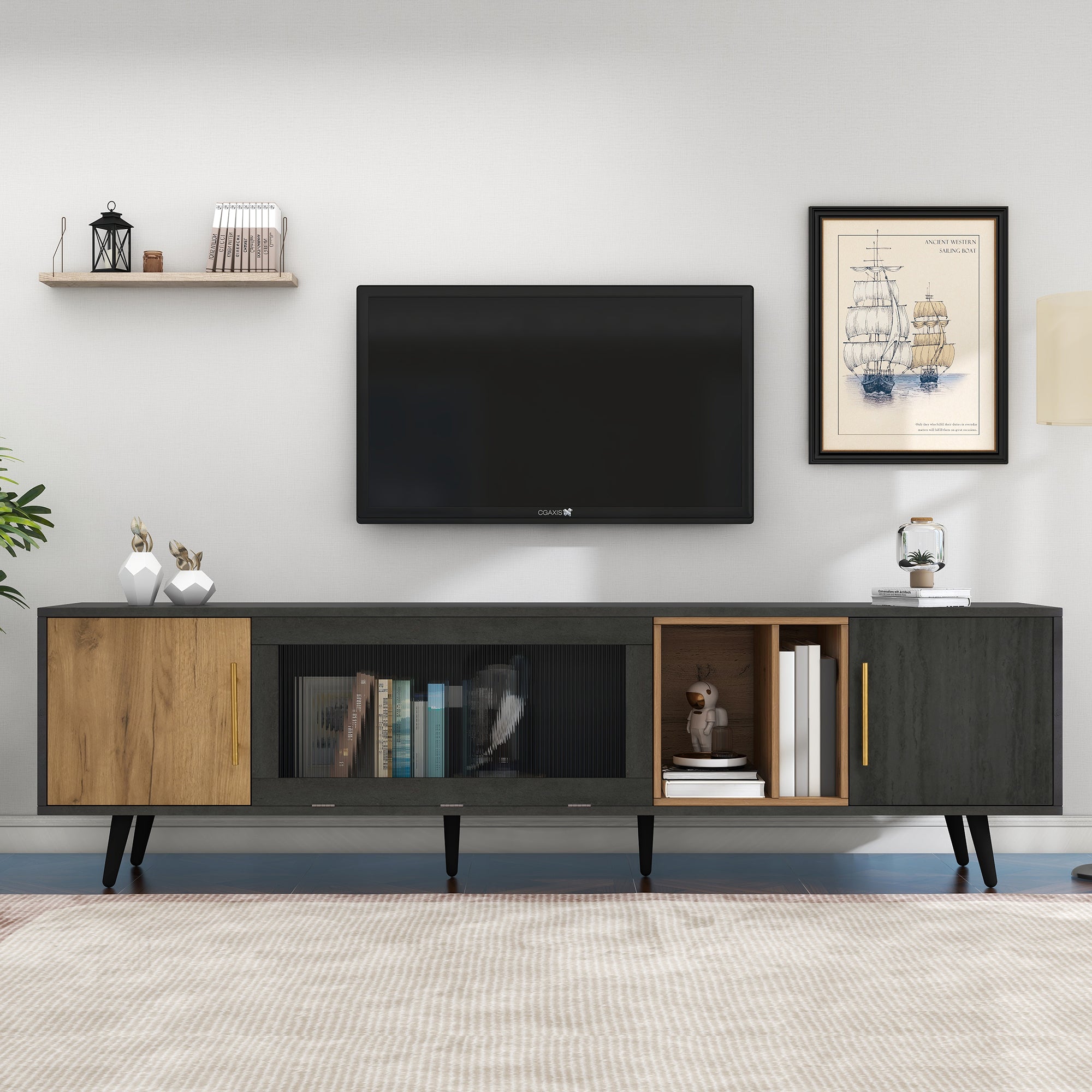 Elegant TV Cabinet, 200x40x55.5 cm for 90-inch TV, Dark Wood/Grey