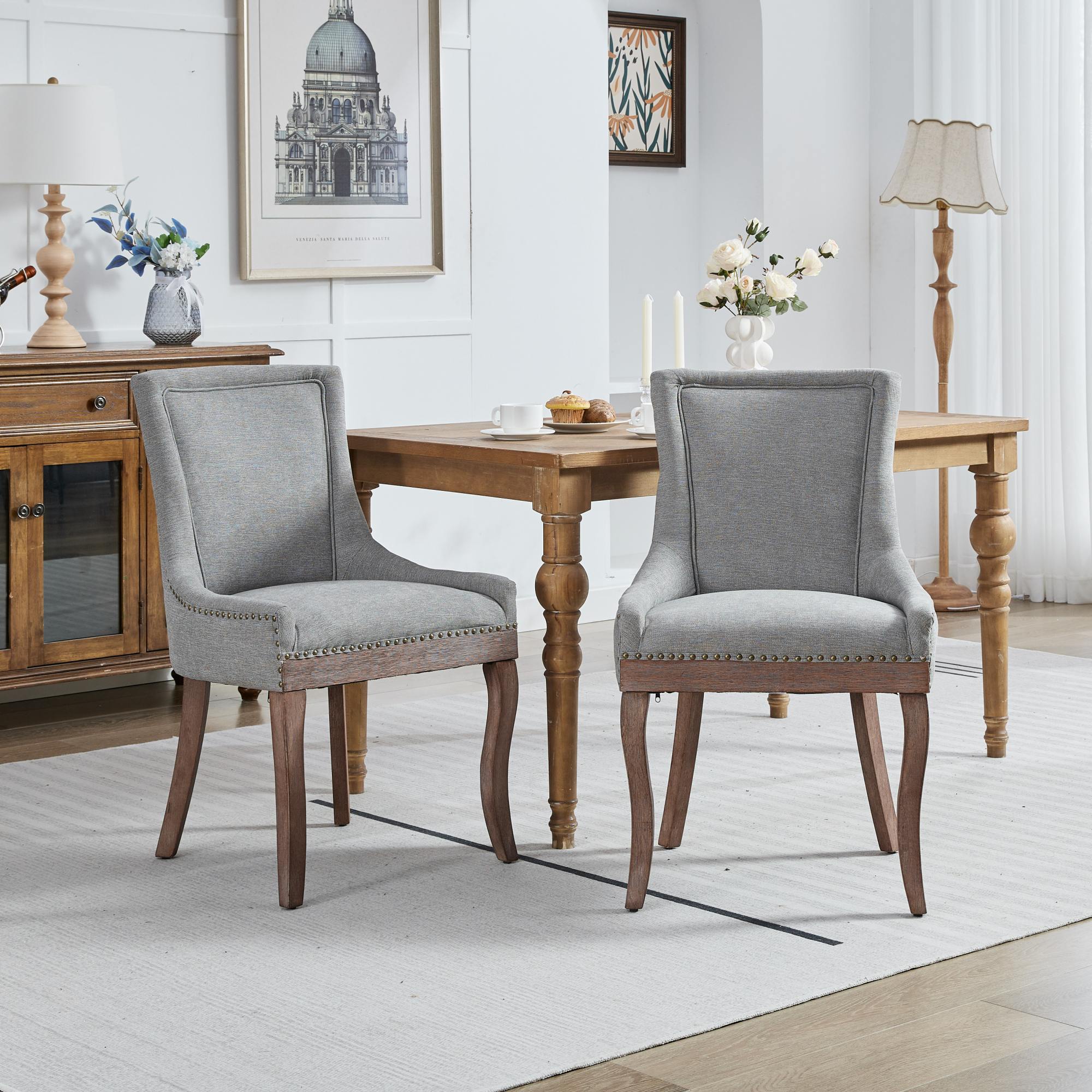 A&A Furniture Ultra Side Dining Chair with Thickened Fabric and Solid Wood Legs, Set of 2, Gray