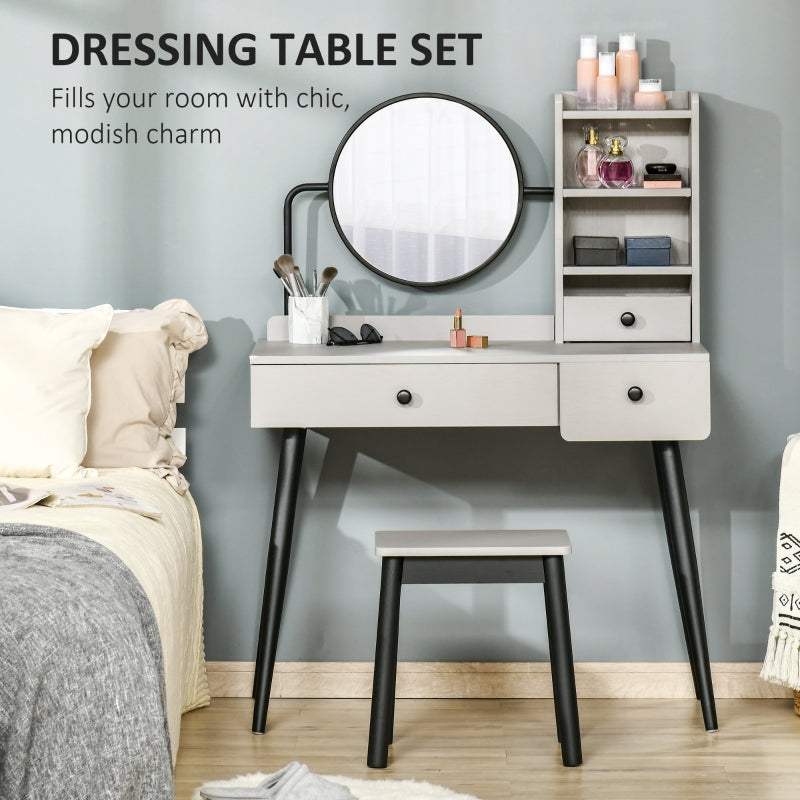 Dressing Table Set with Mirror, Stool, 3 Drawers, and Open Shelves, Grey