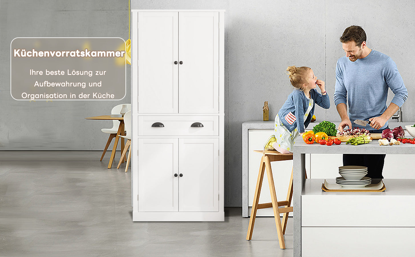 Storage Cabinet with 4 Doors and 1 Drawer, 6 Compartments and 4 Adjustable Shelves, White