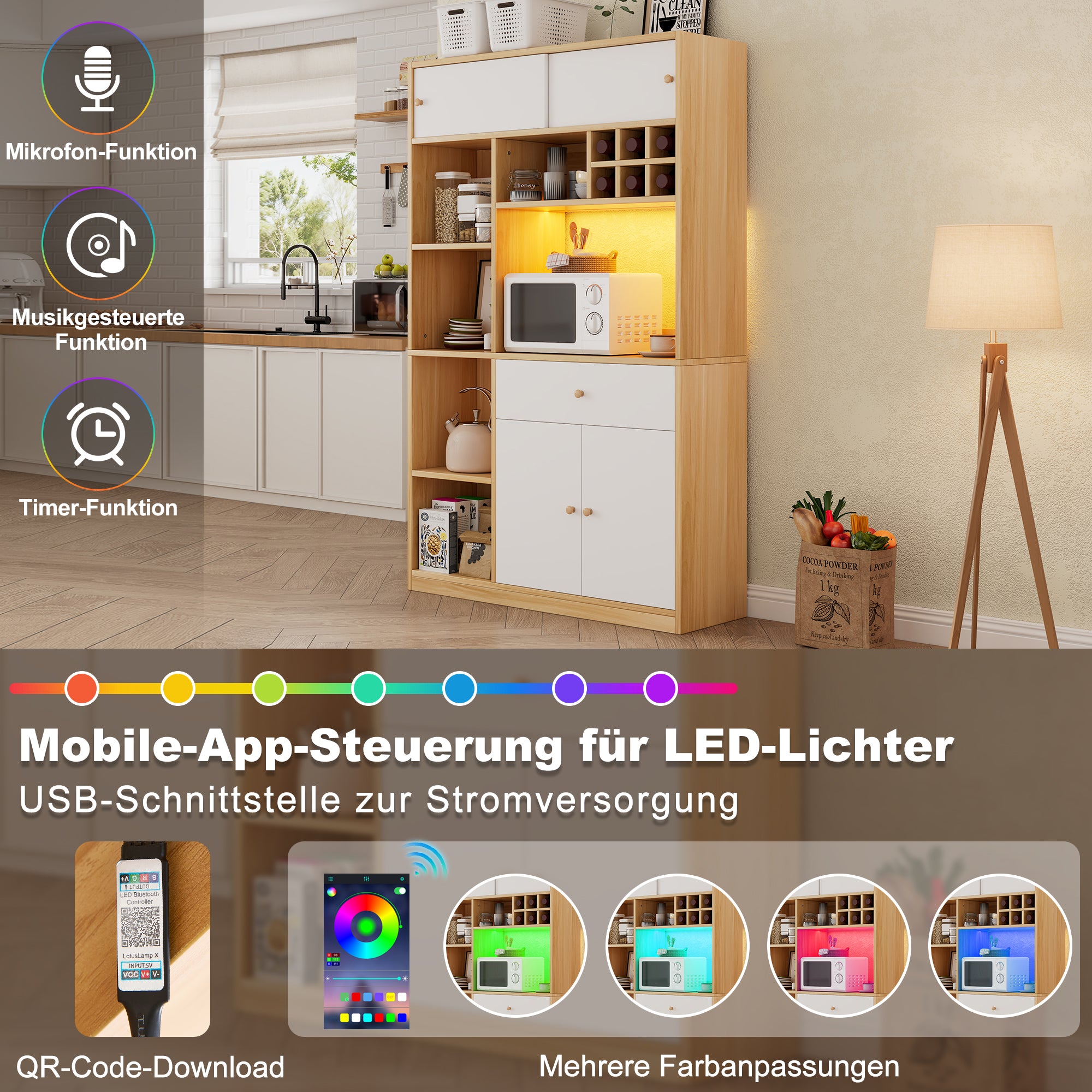 Kitchen Buffet Cabinet LED 1 Drawer 3 Doors Shelves 115x180cm