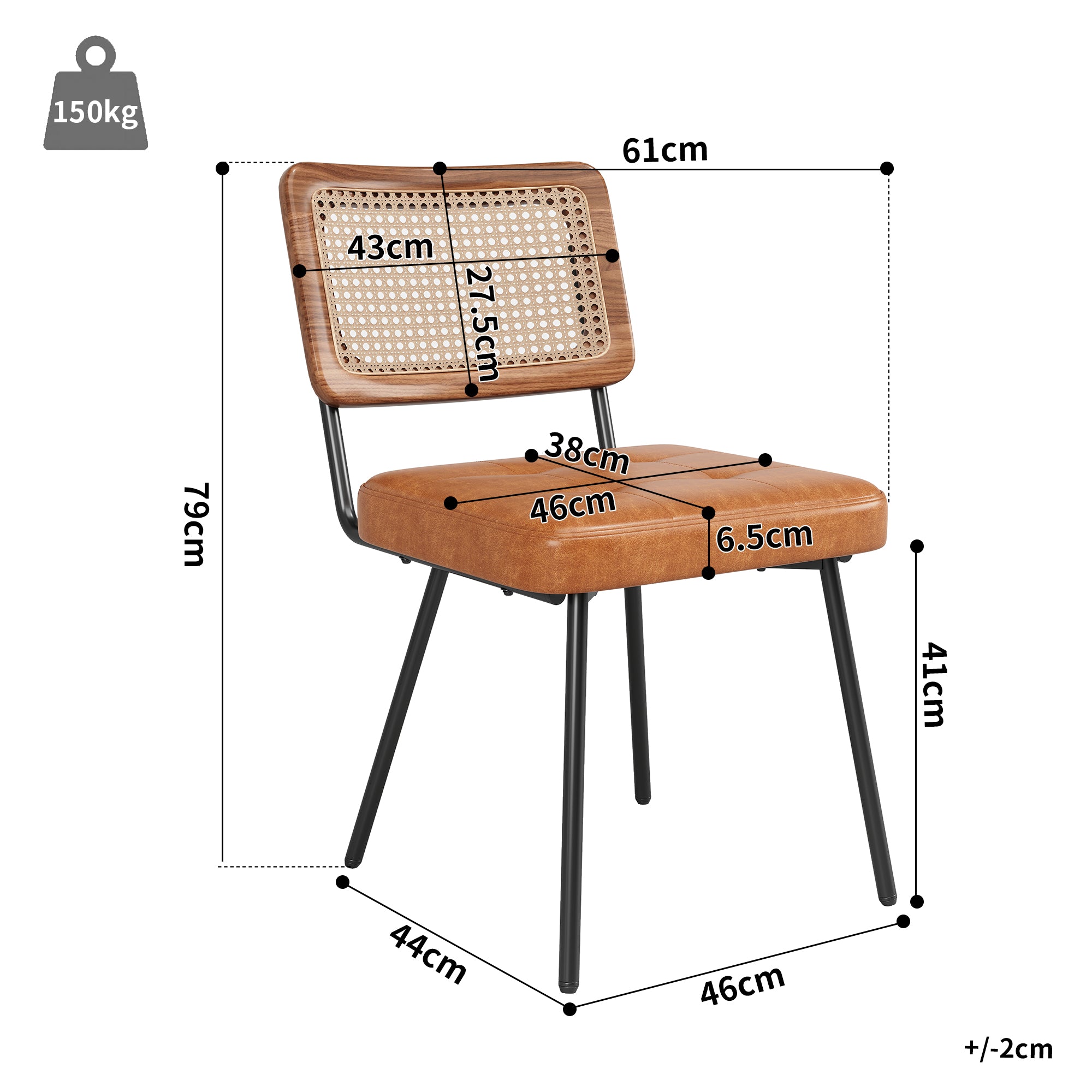 Ergonomic Dining Chair Set of 2 with Rattan and Faux Leather