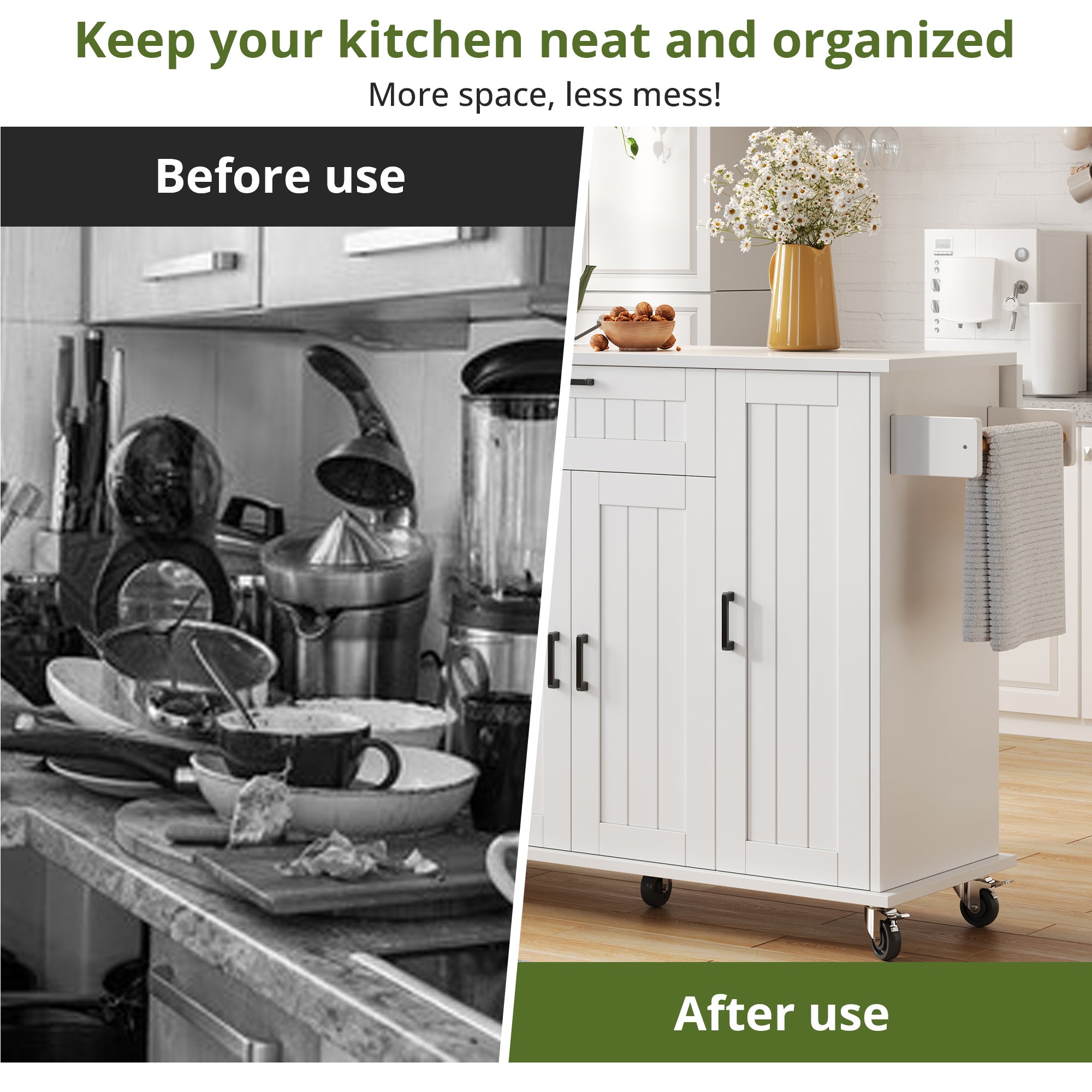 Mobile Kitchen Island Folding Worktop, Cabinet Storage, Spice Racks & Towel Rails - White