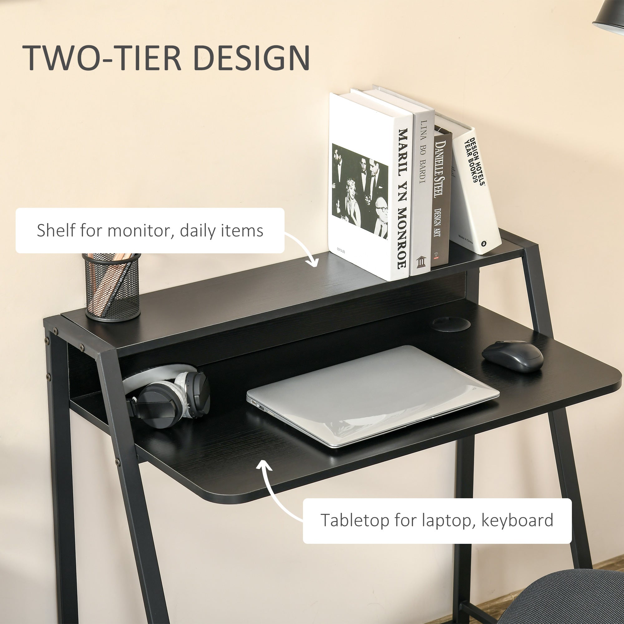 Writing Desk Computer Table with Storage Shelf, Home Office Workstation, Black Engineered Wood