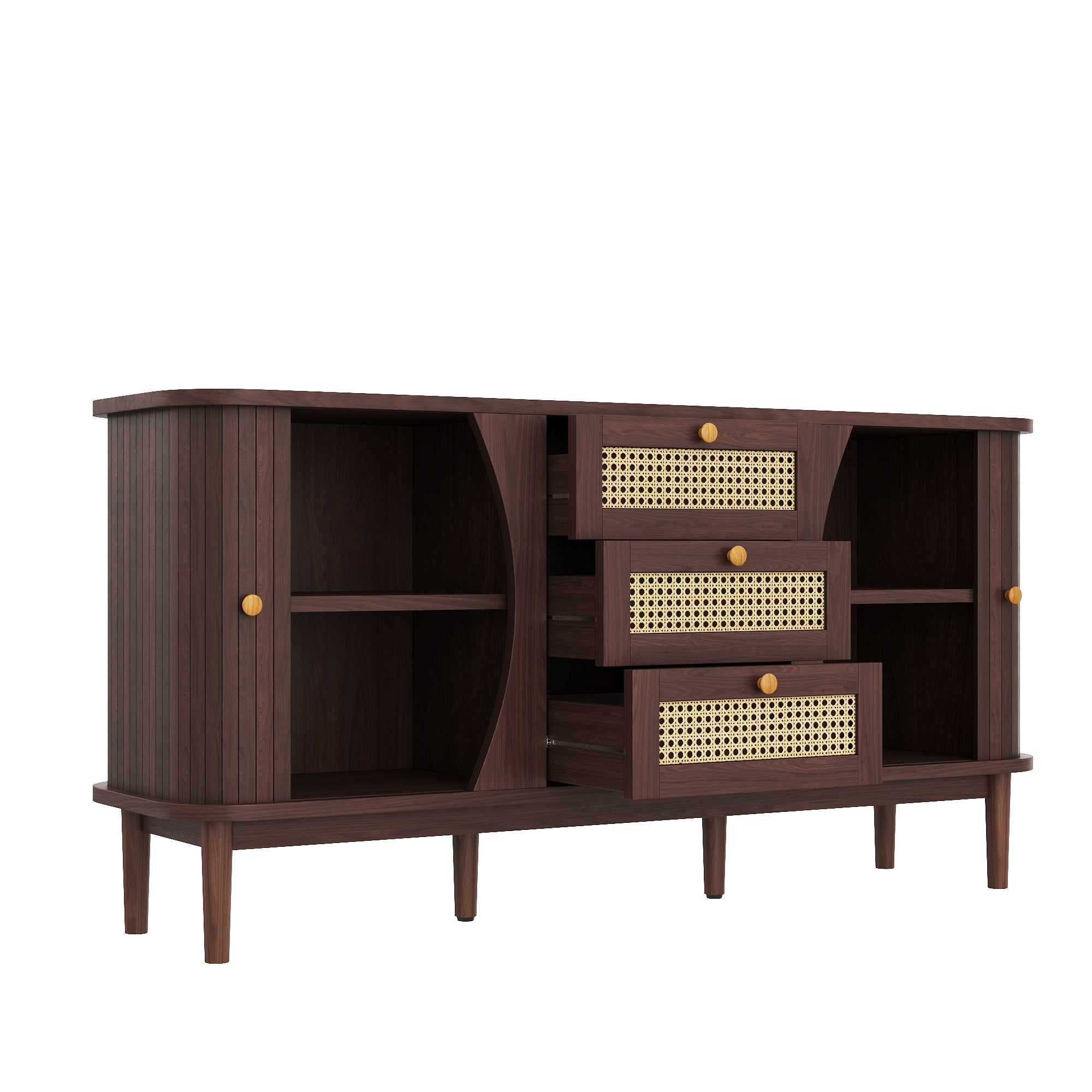 Sideboard, Rattan Drawers with Sliding Doors & Adjustable Shelves, Wood Color