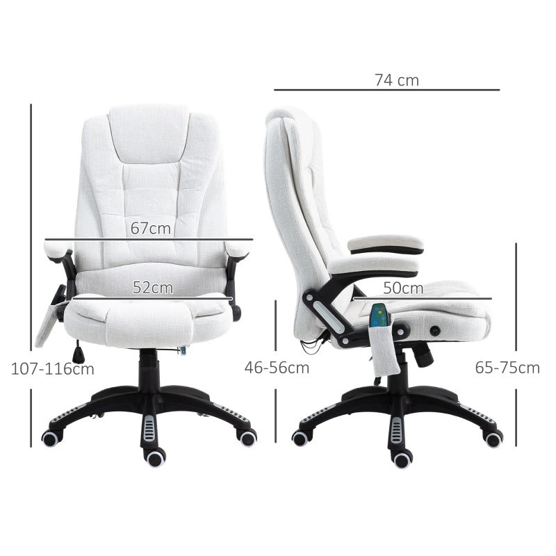 Massage Recliner Office Chair, Heated Six Massage Points 360° Swivel, Linen-Feel Fabric Cream White