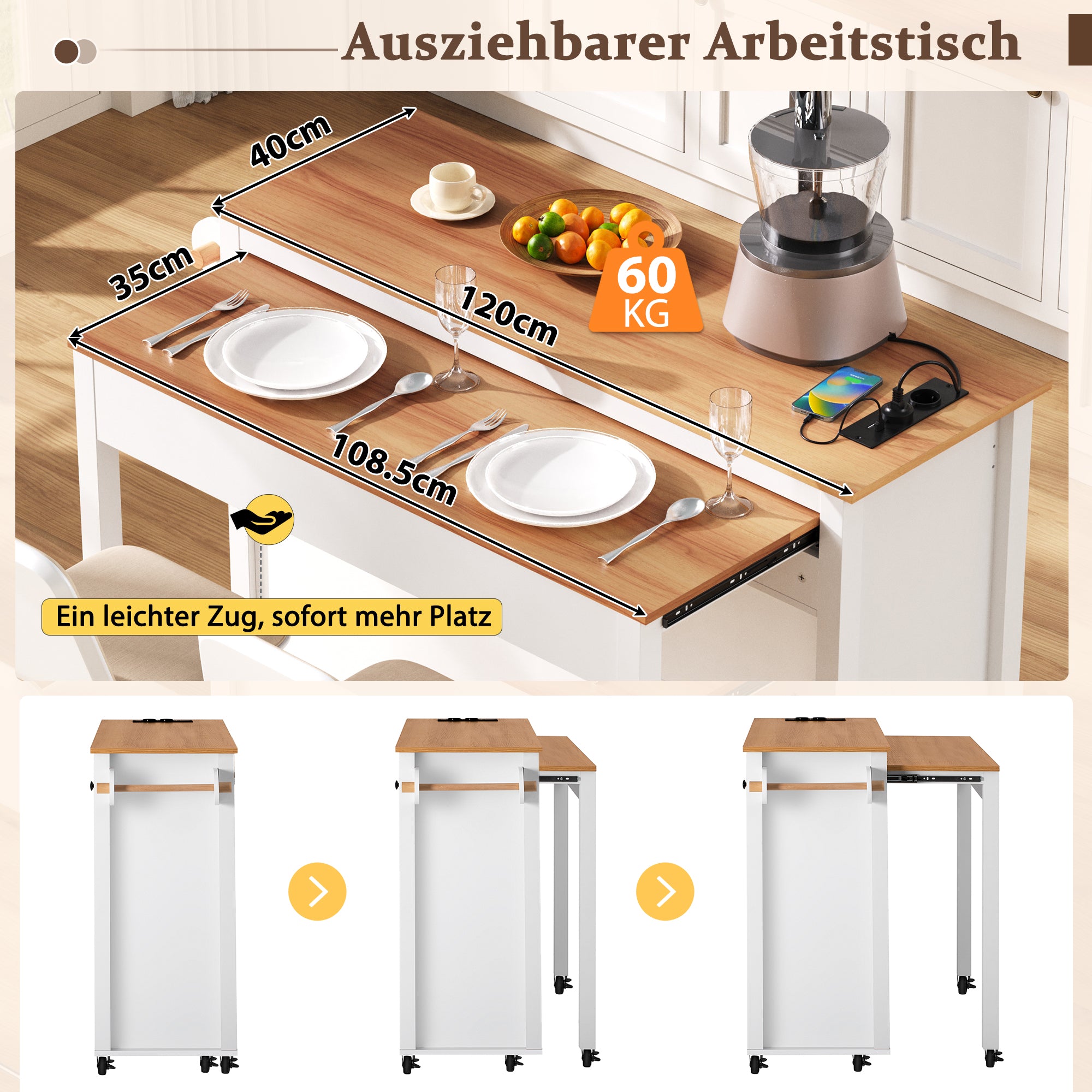 Kitchen Island Extendable Worktop Power Strips Waste Bin - White