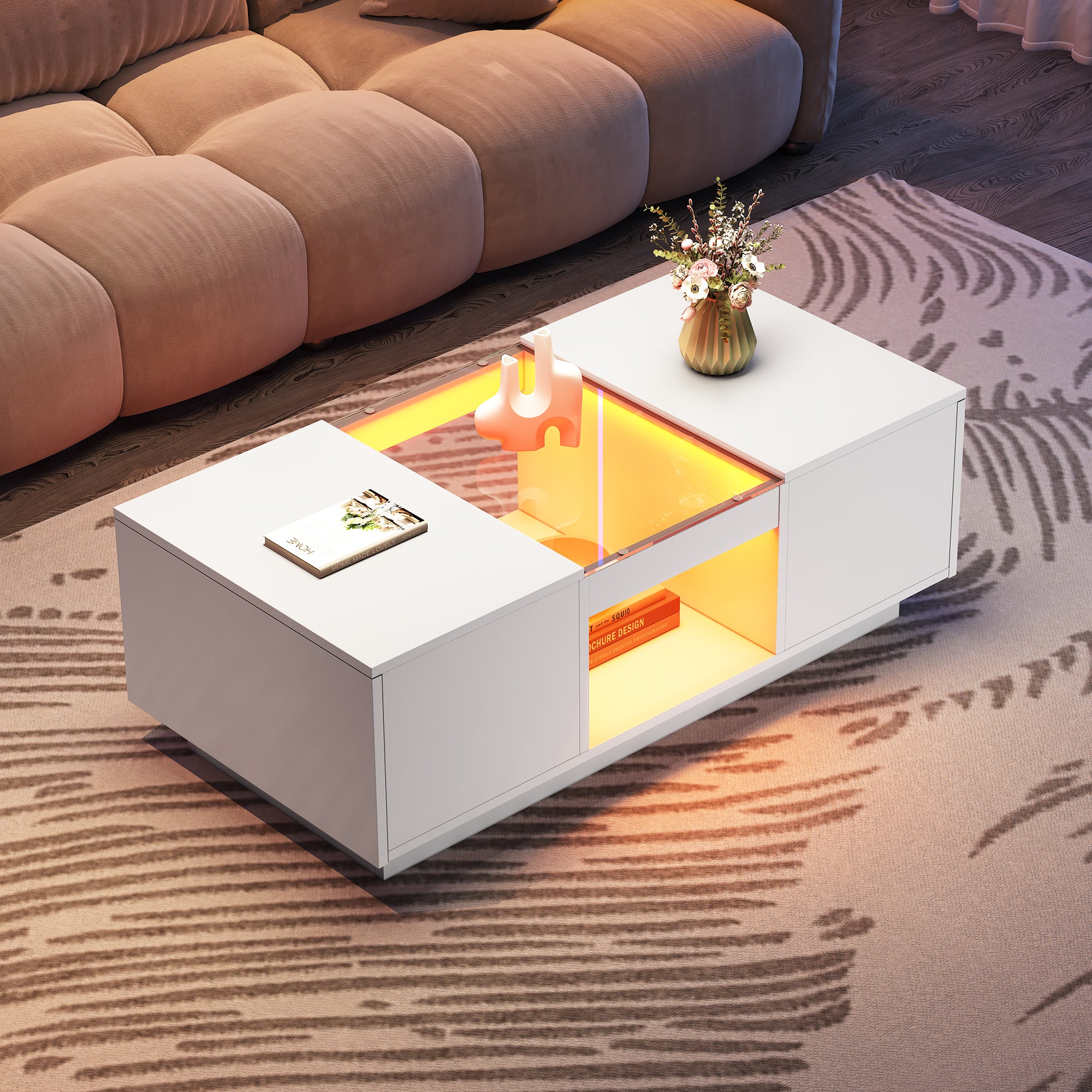 White Coffee Table with Glass Panel, LED Lighting, 2 Drawers, and 1 Open Compartment