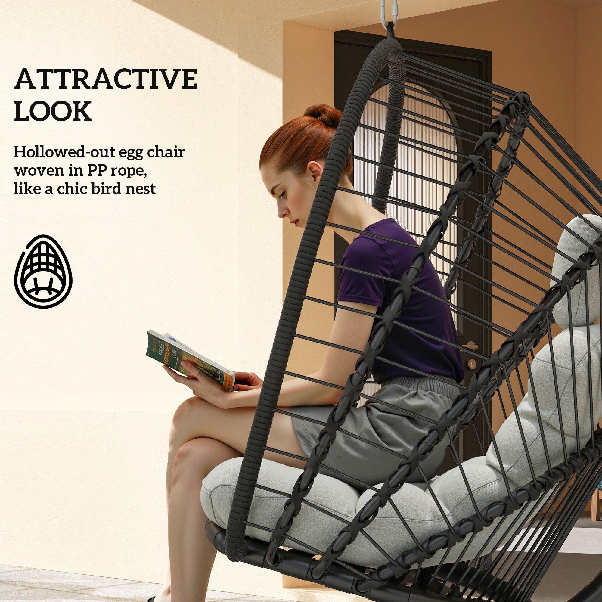 Outdoor PE Rattan Swing Chair Hanging Egg Chair with Foldable Basket, Cushion and Metal Stand, Black