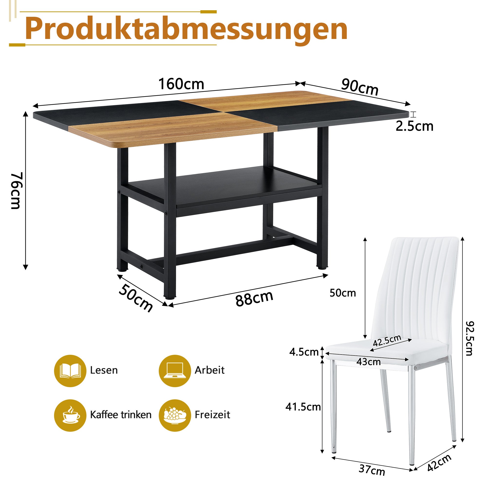 Table Set, Rectangular Dining Table with Storage Shelf and 4 Armchairs, White Faux Leather