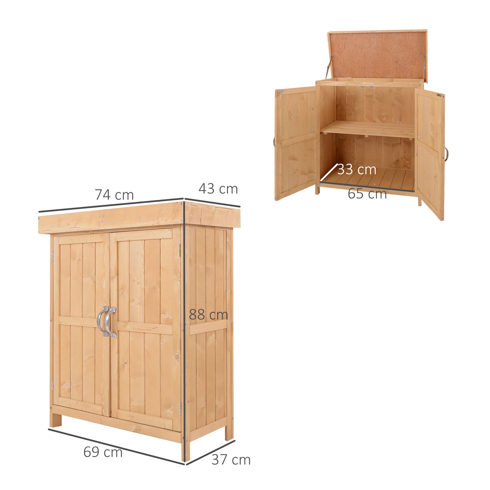 Small Shed, Hinged Roof Removable Shelf Double Doors Storage, Natural Wood Finish