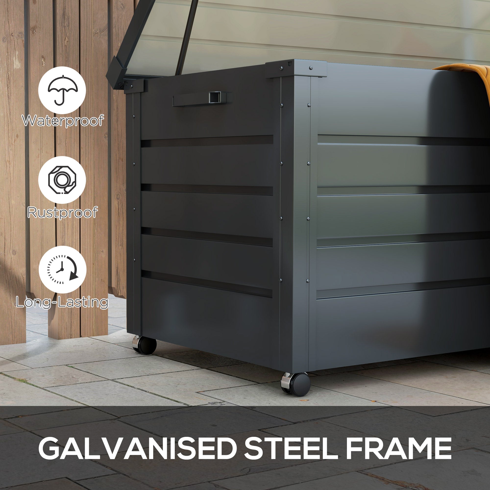 Garden Storage Box, 311L with Lock, Galvanised Steel Dark Grey