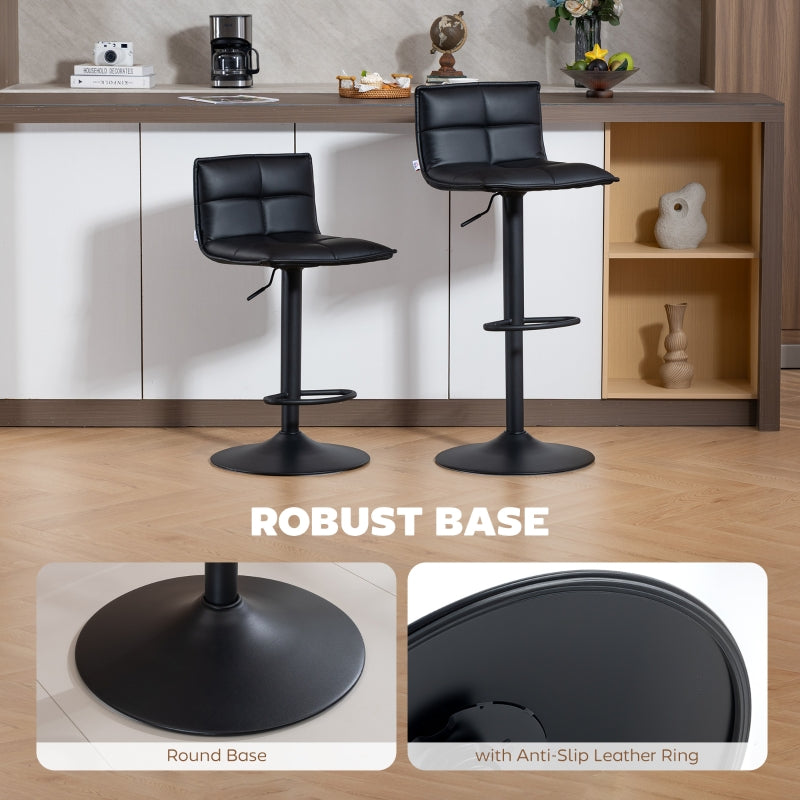 Set of Two Modern Bar Stools Adjustable Swivel Black Faux Leather