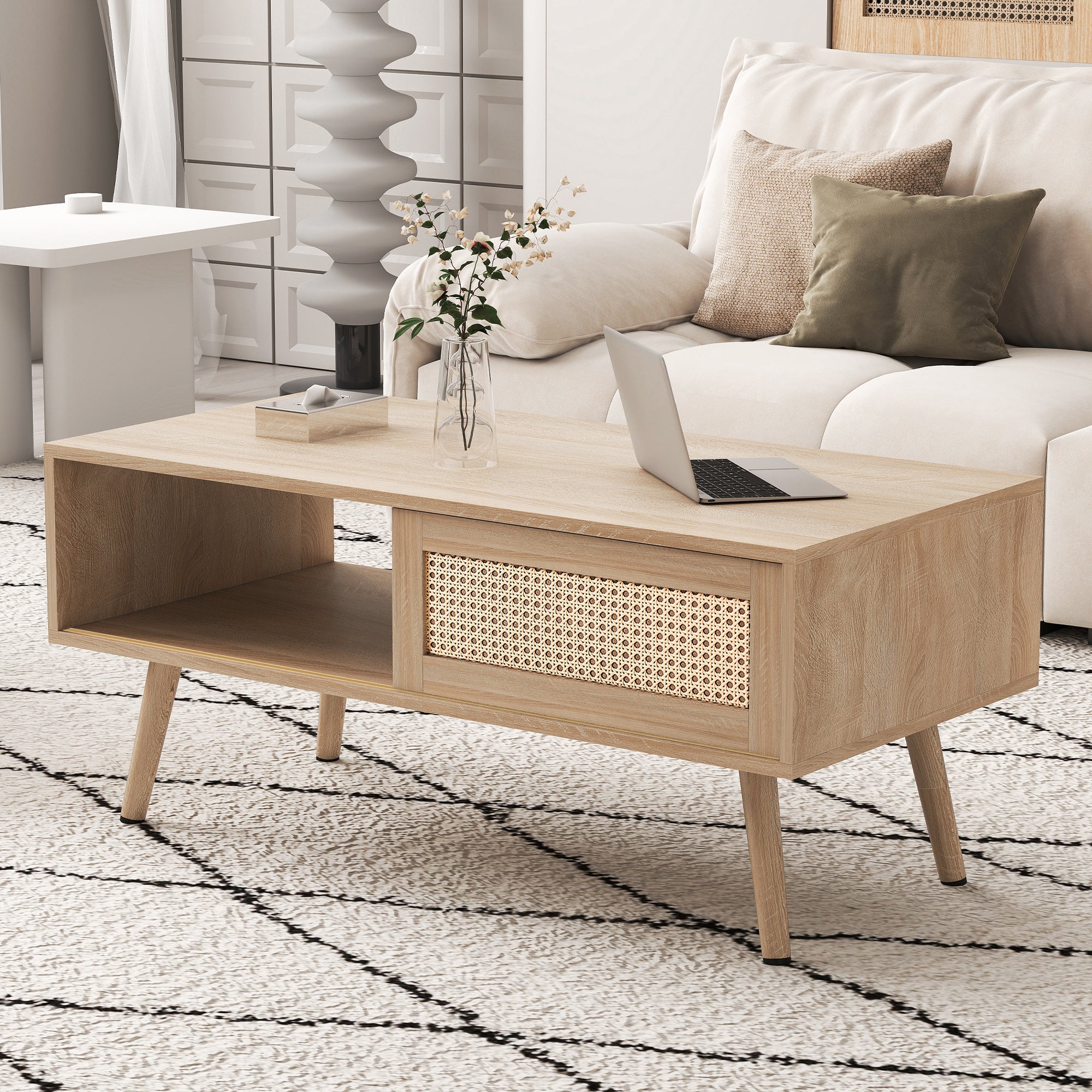 Wicker Coffee Table Sliding Doors Solid Wood Legs - Natural Color