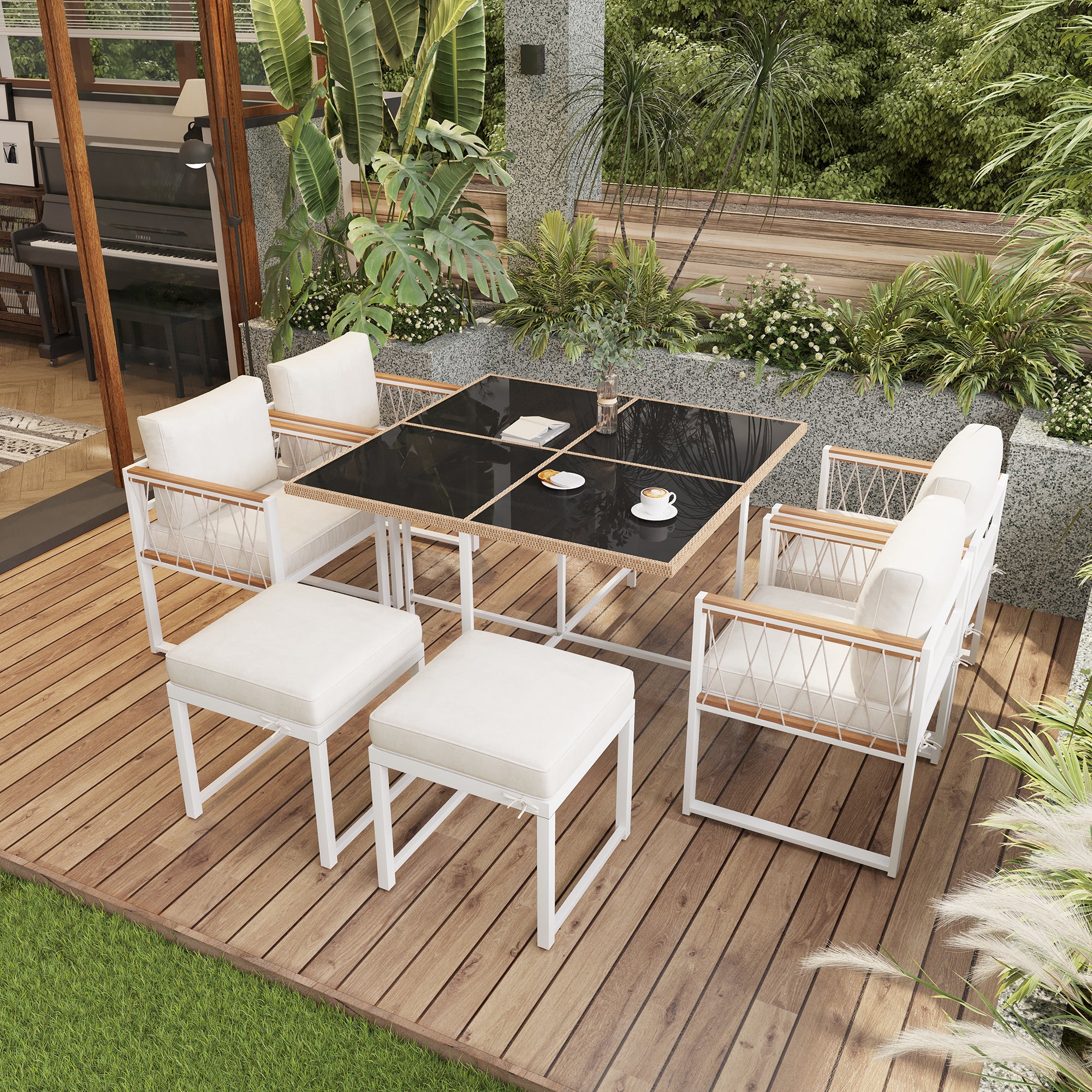 7-Piece Outdoor Dining Set, Tempered Glass PE Rattan, Acacia Wood