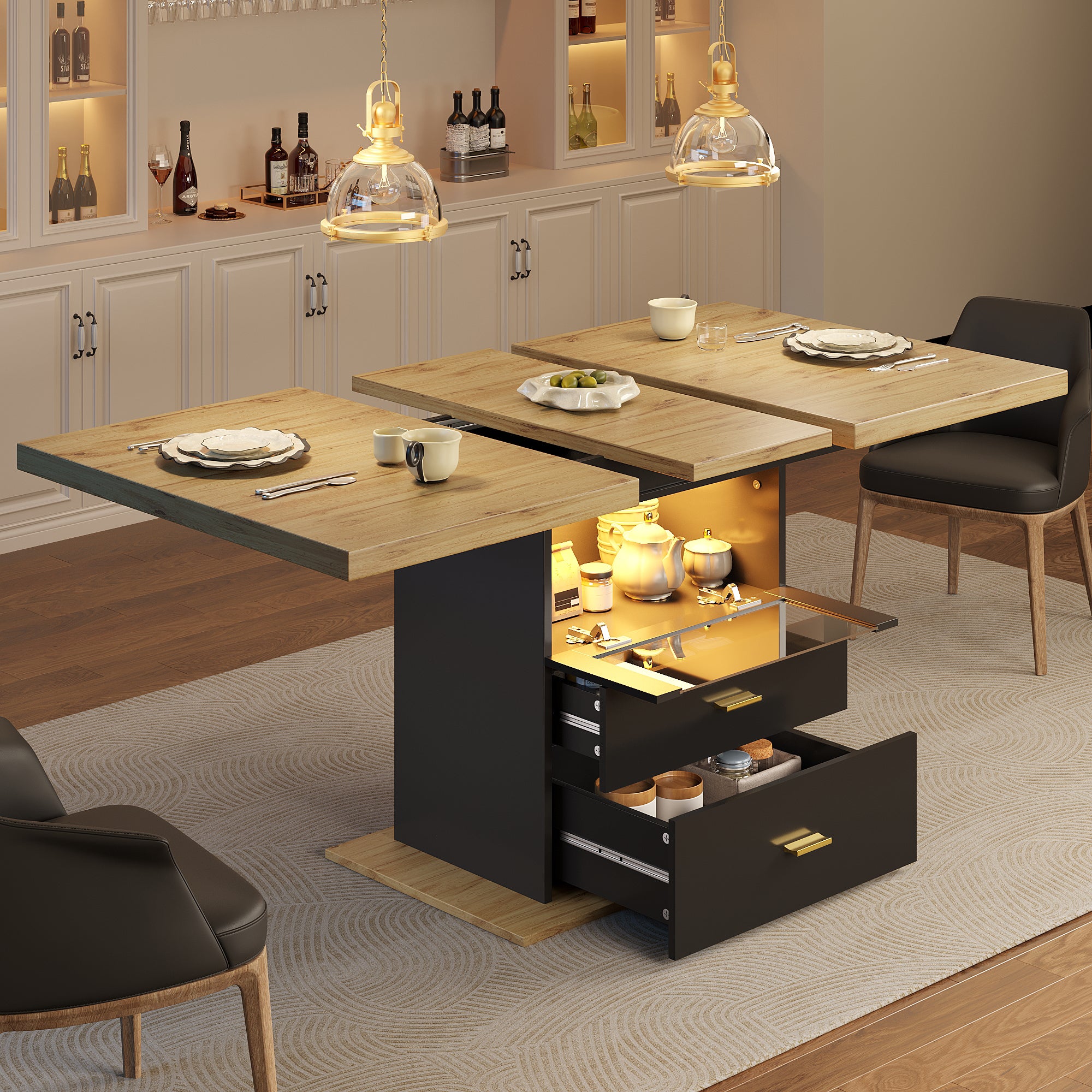 Extendable Dining Table 110-140cm LED Lighting Wooden Finish