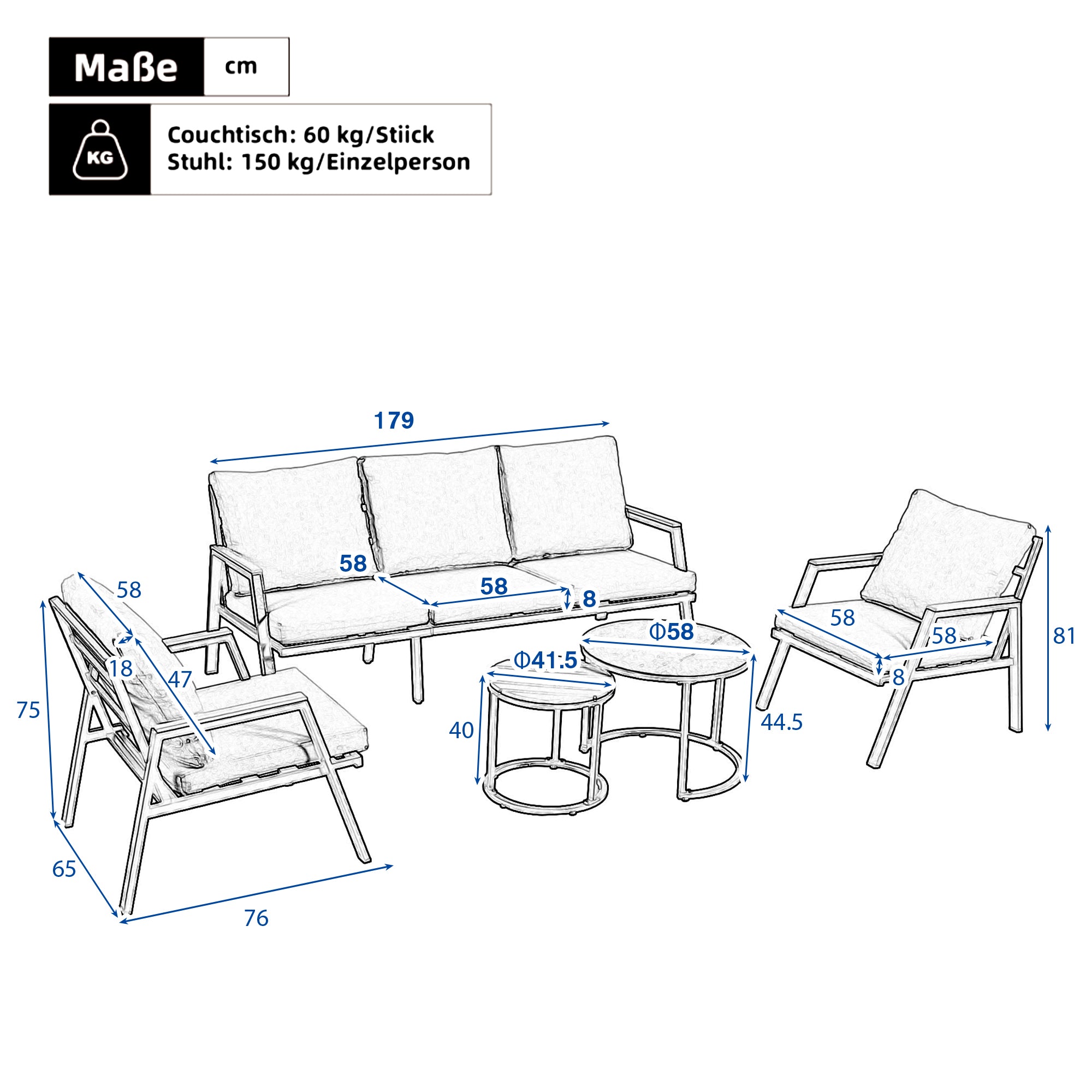 Garden Lounge Set with 3-Seater Sofa, 2 Armchairs and 2 Coffee Tables, Grey Wood and Steel