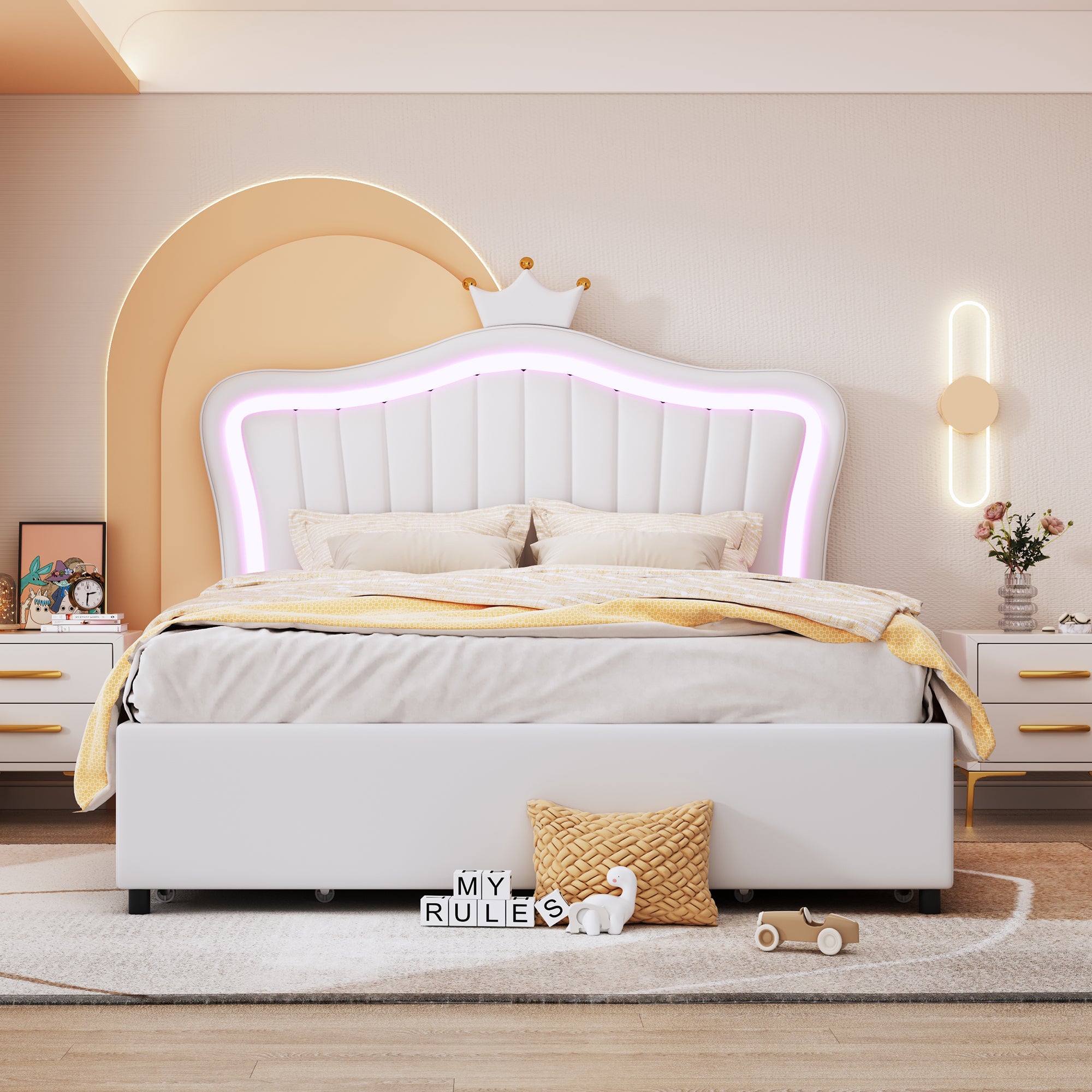 Children's Bed Upholstered with Storage Drawers & LED Lights, White PU Leather
