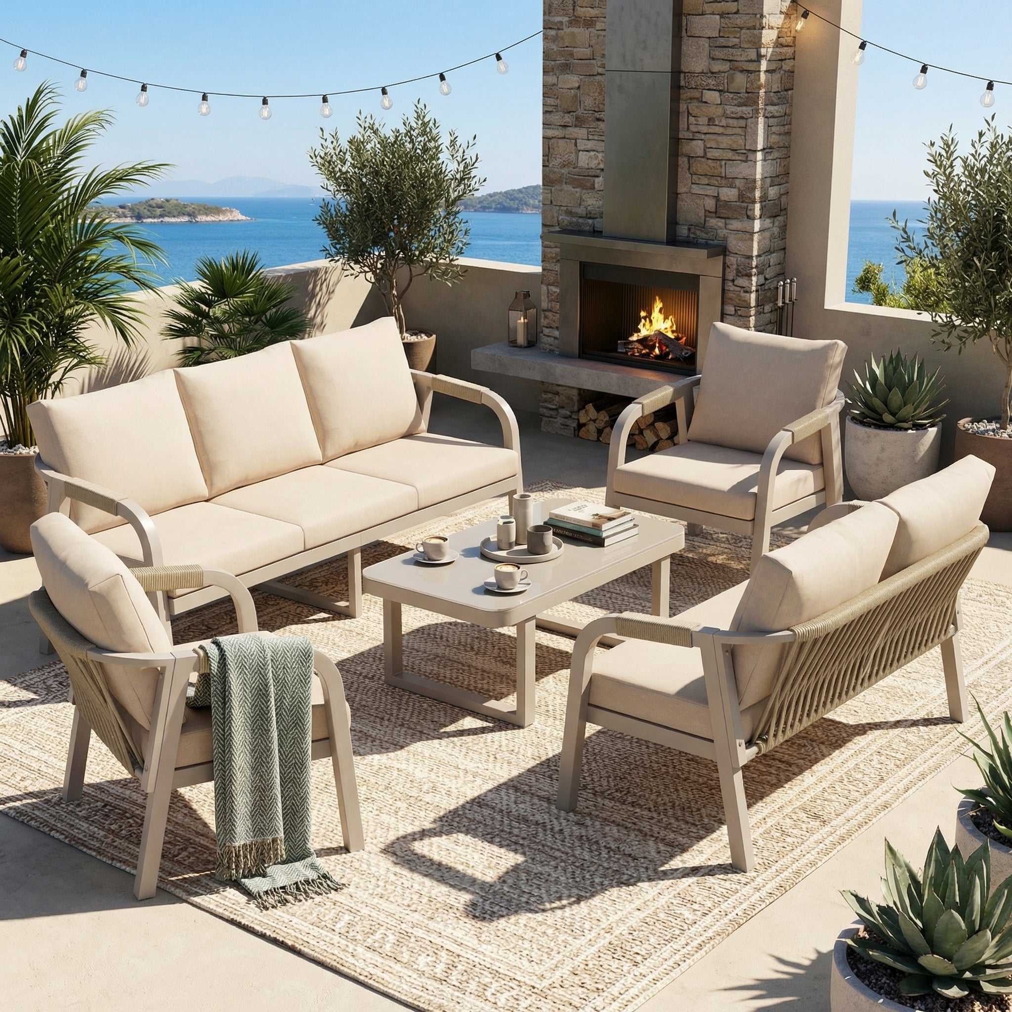 Garden Lounge Set, 7-Seater with Sofa, Armchairs and Coffee Table, Beige Woven Rope