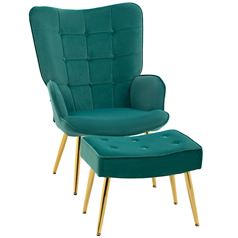 Modern Armchair with Footstool, Velvet Upholstered Wingback with Steel Legs, Dark Green