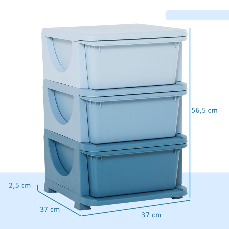 Kids' Storage Boxes, 3 Drawers, Rounded Edges, Blue