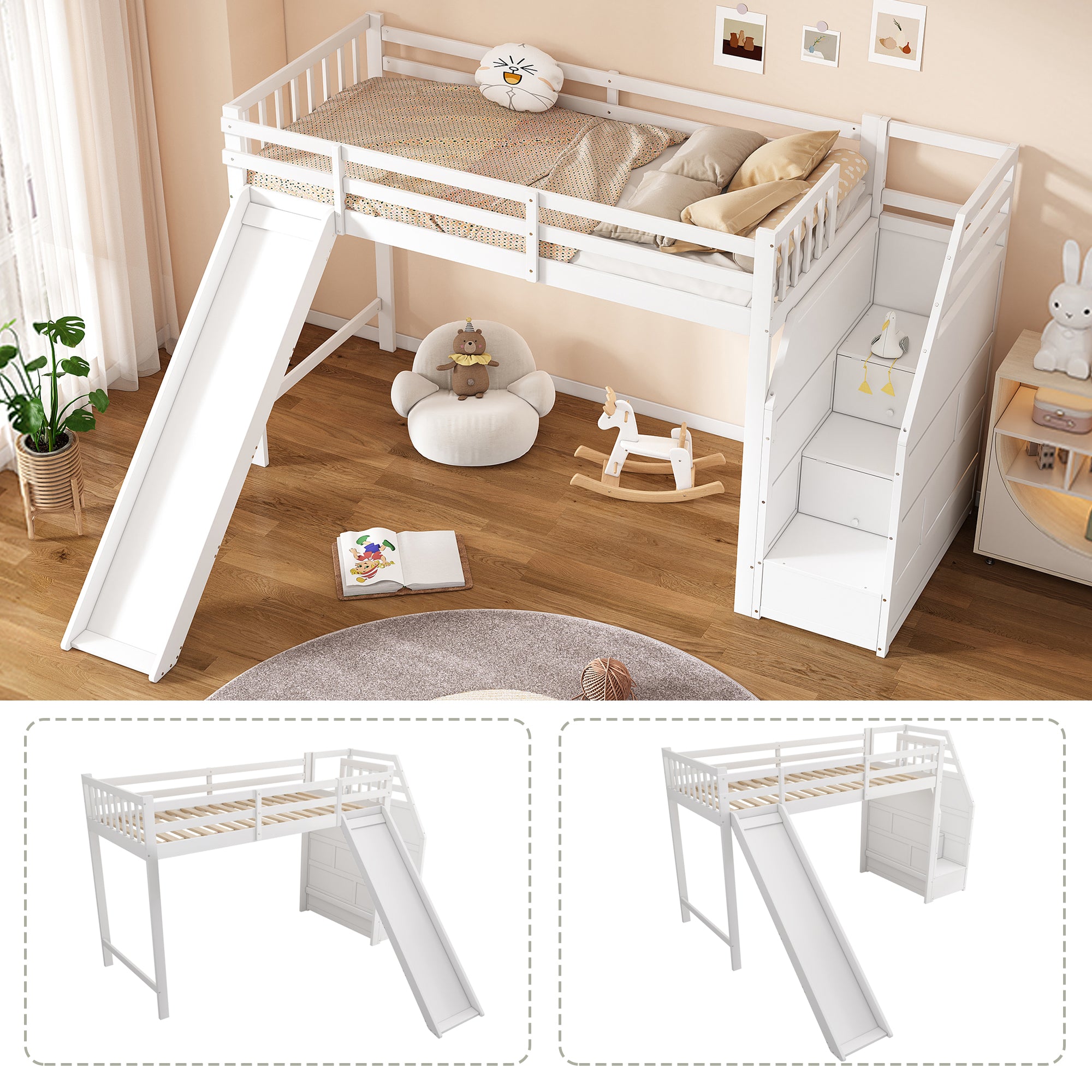 Children's Bunk Bed 90x200cm Slide Storage Ladder Removable Railing, White