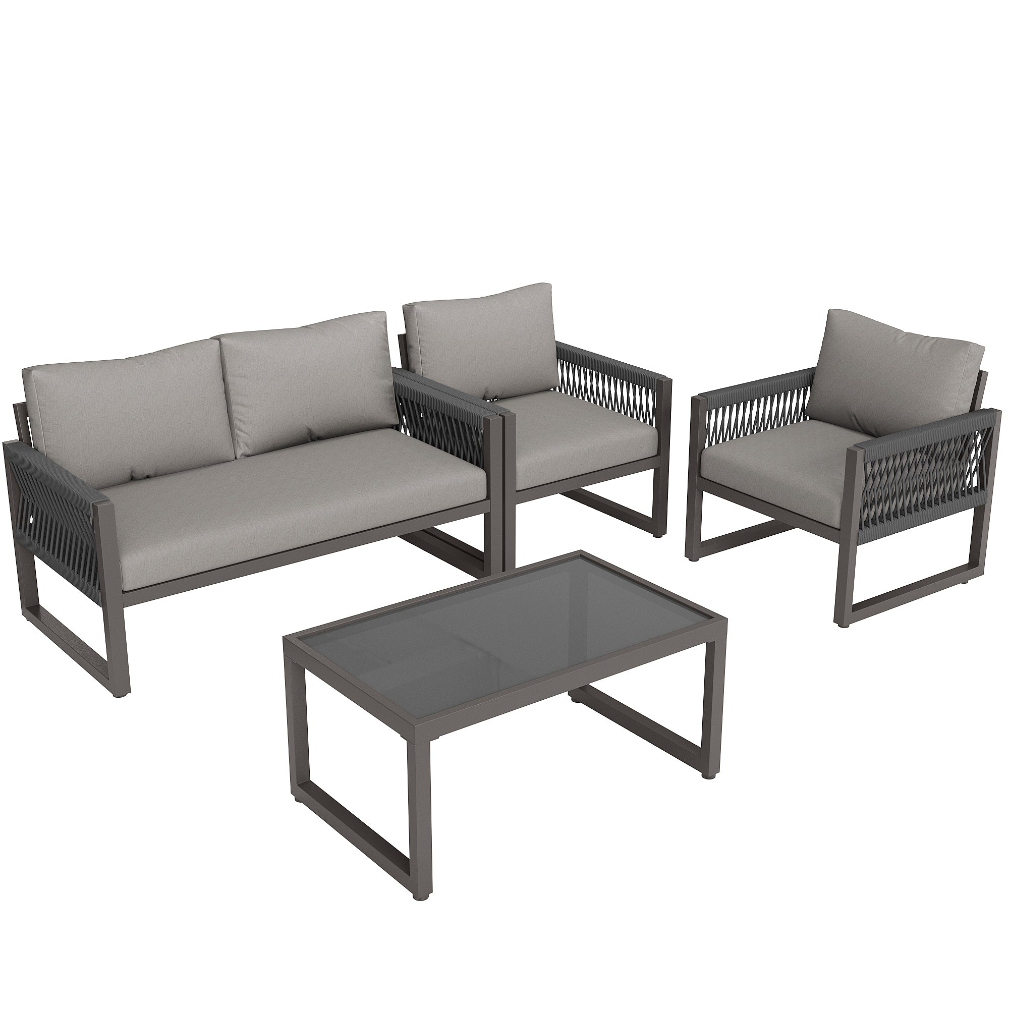 Garden Lounge Set 4-Piece Rope Glass Top - Grey