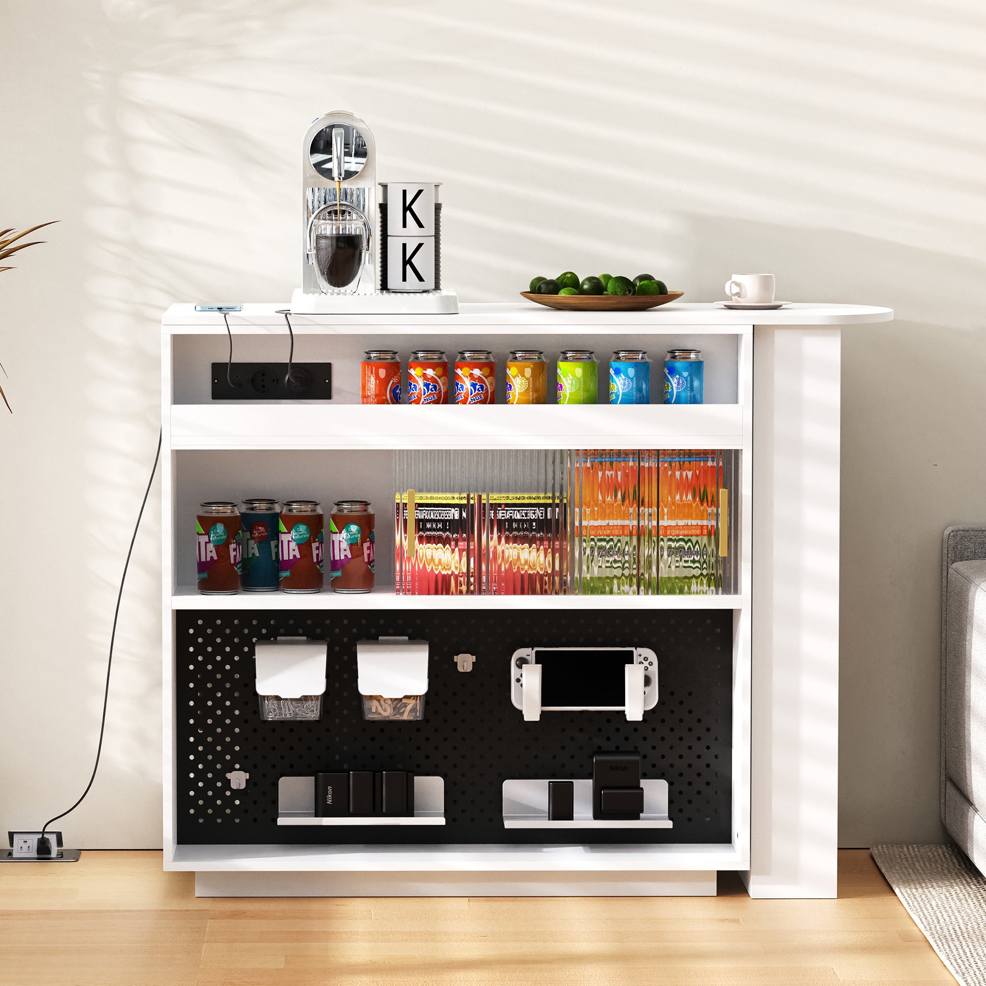 Bar Table Extendable 360° Rotating Sideboard LED Storage Sockets White