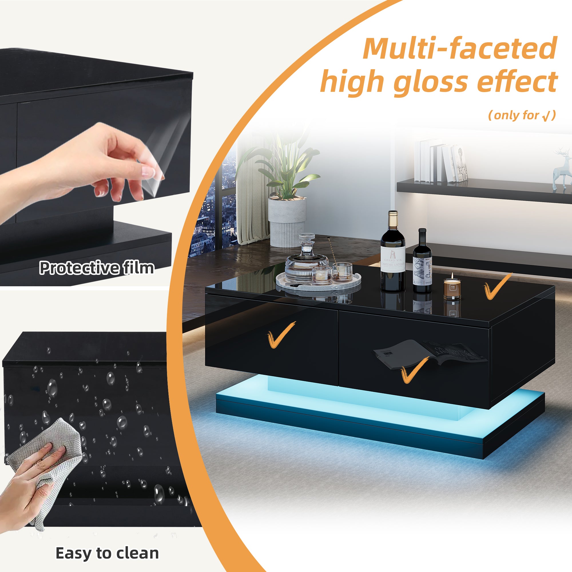 Coffee Table, High-Gloss with 2 Drawers & LED Lighting, Black