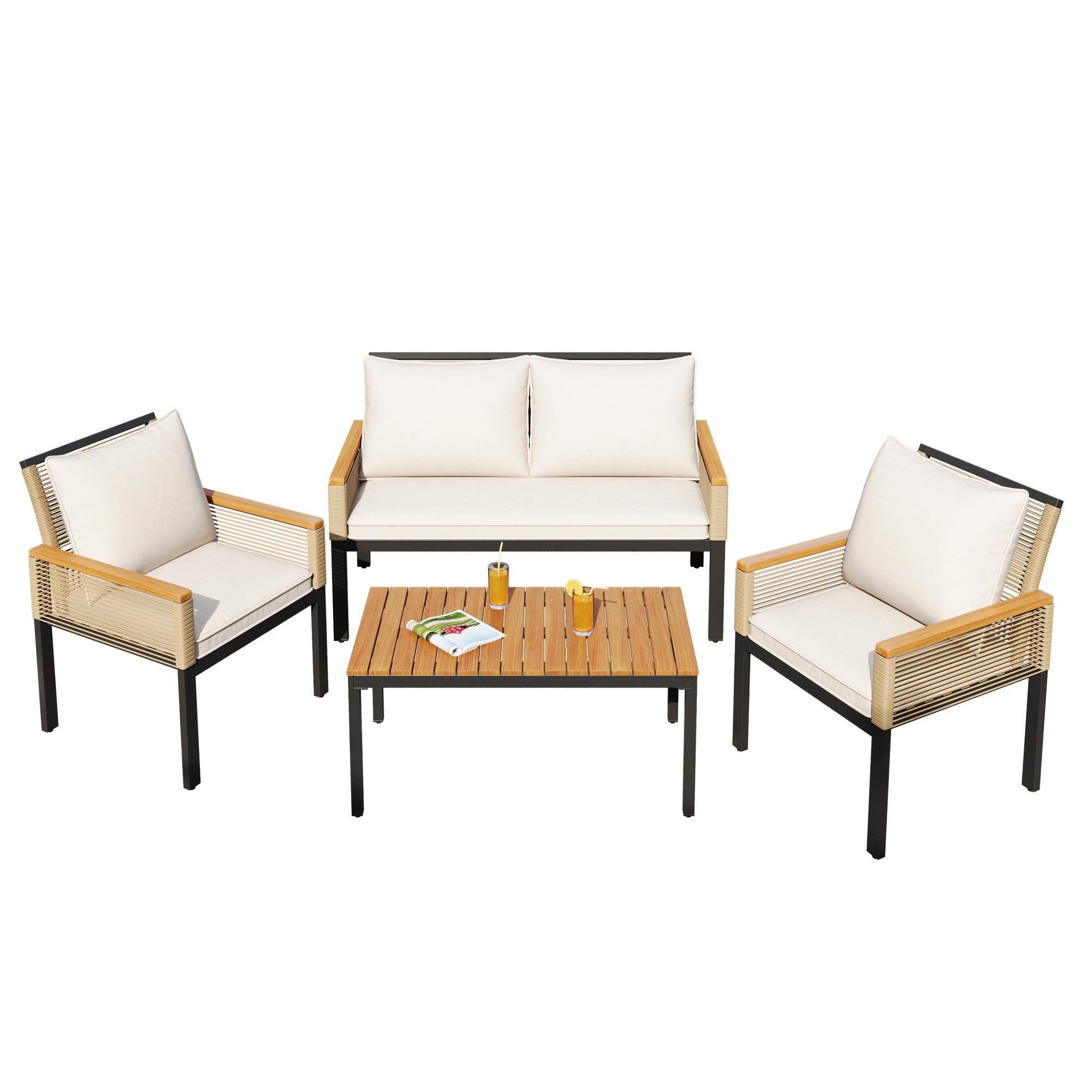 Garden Lounge Set with Double Sofa and 2 Armchairs, Rattan Beige