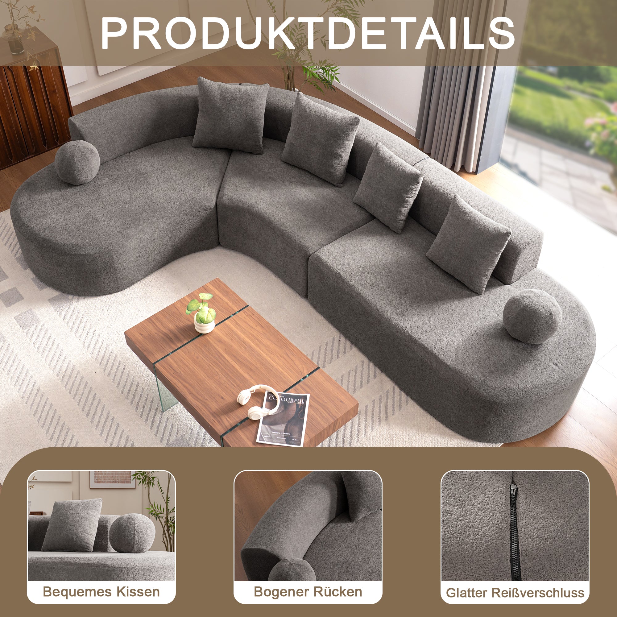 L-Shaped Cloud Sofa, 327cm Large Arched Corner Couch with Thick Padding, Cream White