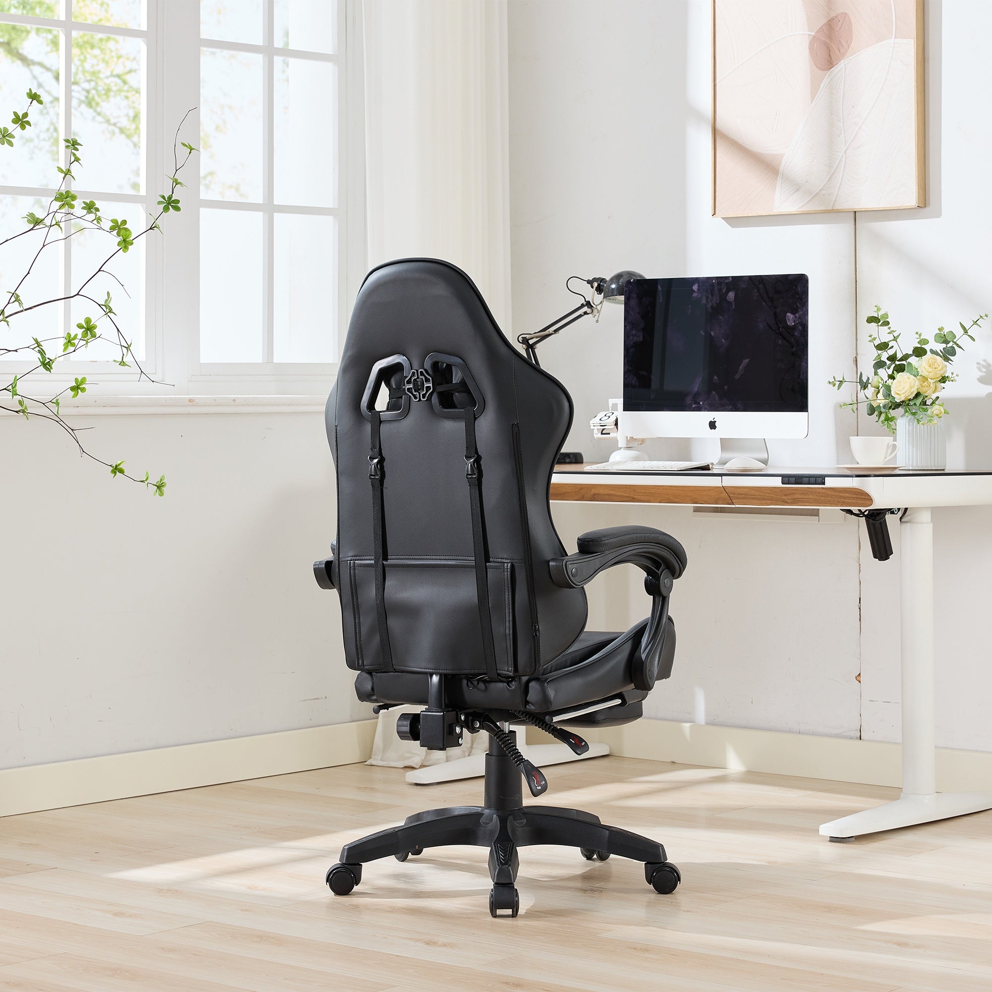 360° Swivel Gaming Chair, Ergonomic Racing Design High-Back Office Chair with Footrest, Headrest, and Lumbar Support - Black Leather