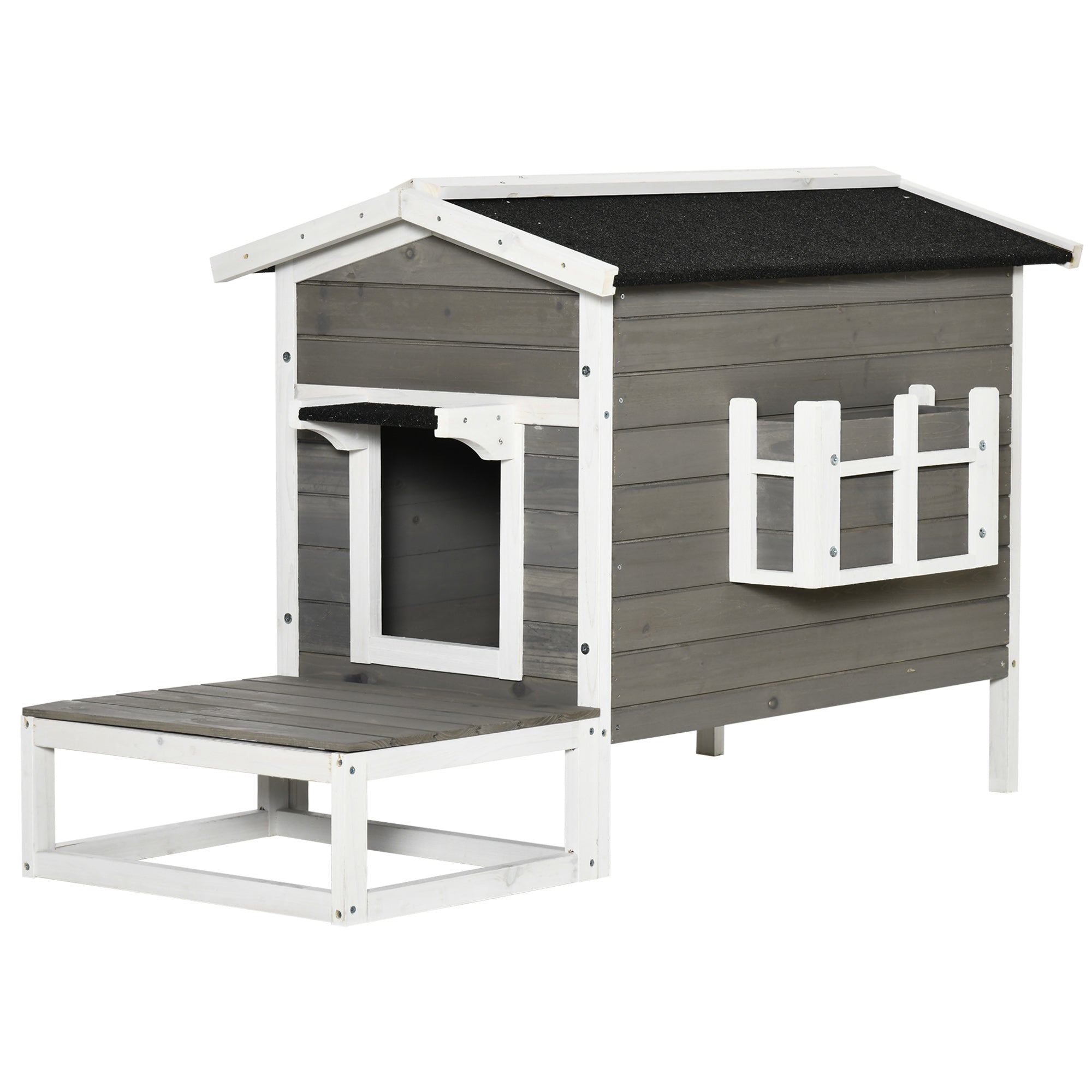 Cat House/Hut with Terrace & Balcony Fir Wood Grey & White