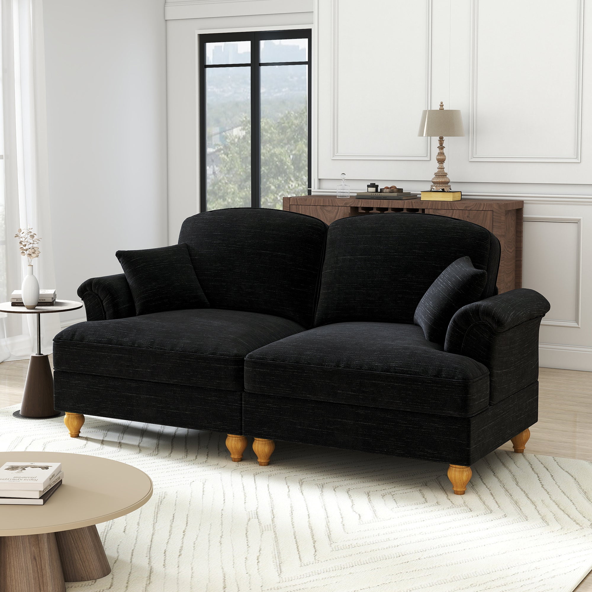 2-Seater Sofa, Medieval-Modern Style with Flared Armrests & Removable Valance, Black Chenille Fabric