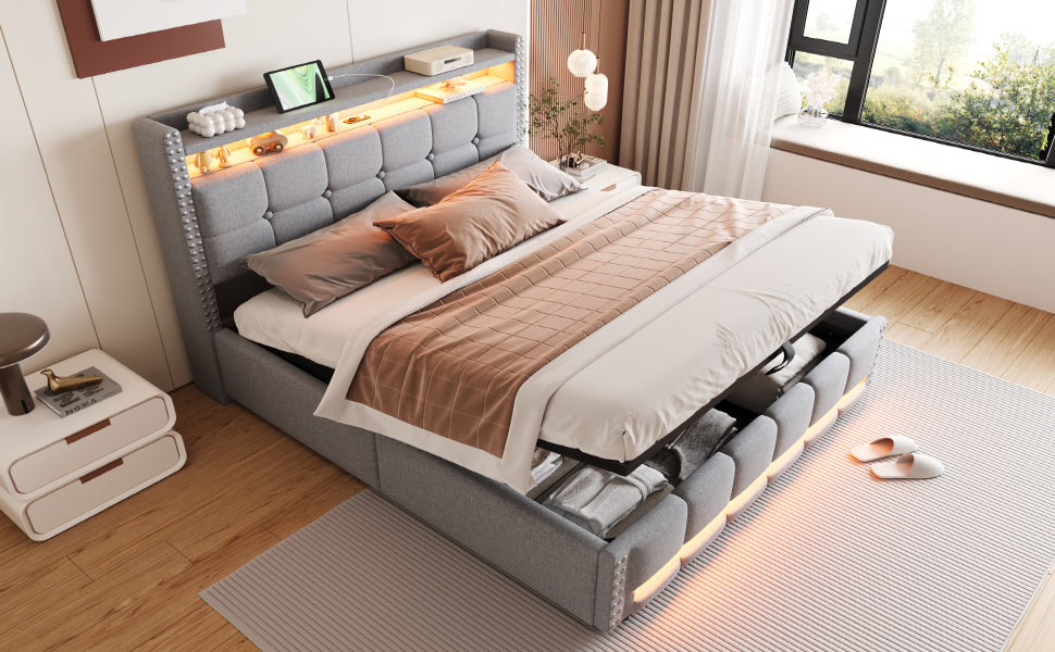 Upholstered Bed 160x200cm LED USB Hydraulic Storage Light Grey Linen Fabric