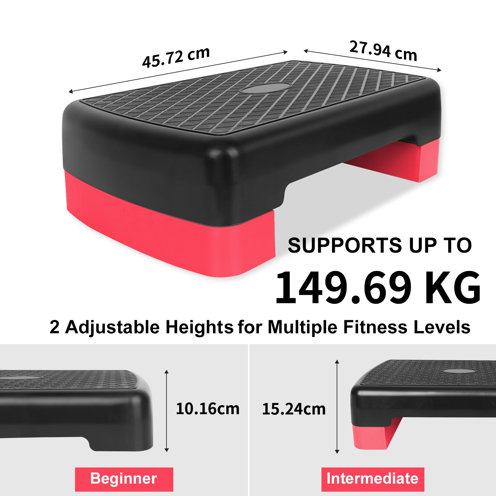 Fitness Step Platform Aerobic Stepper, 45.72cm Height Adjustable 10.16-15.24cm, Red