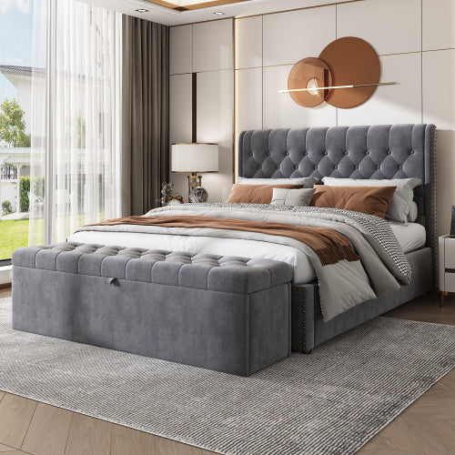 Upholstered Bed, Super King Size (180x200cm) with Hydraulic Lever & Rivet Decoration, Velvet Grey