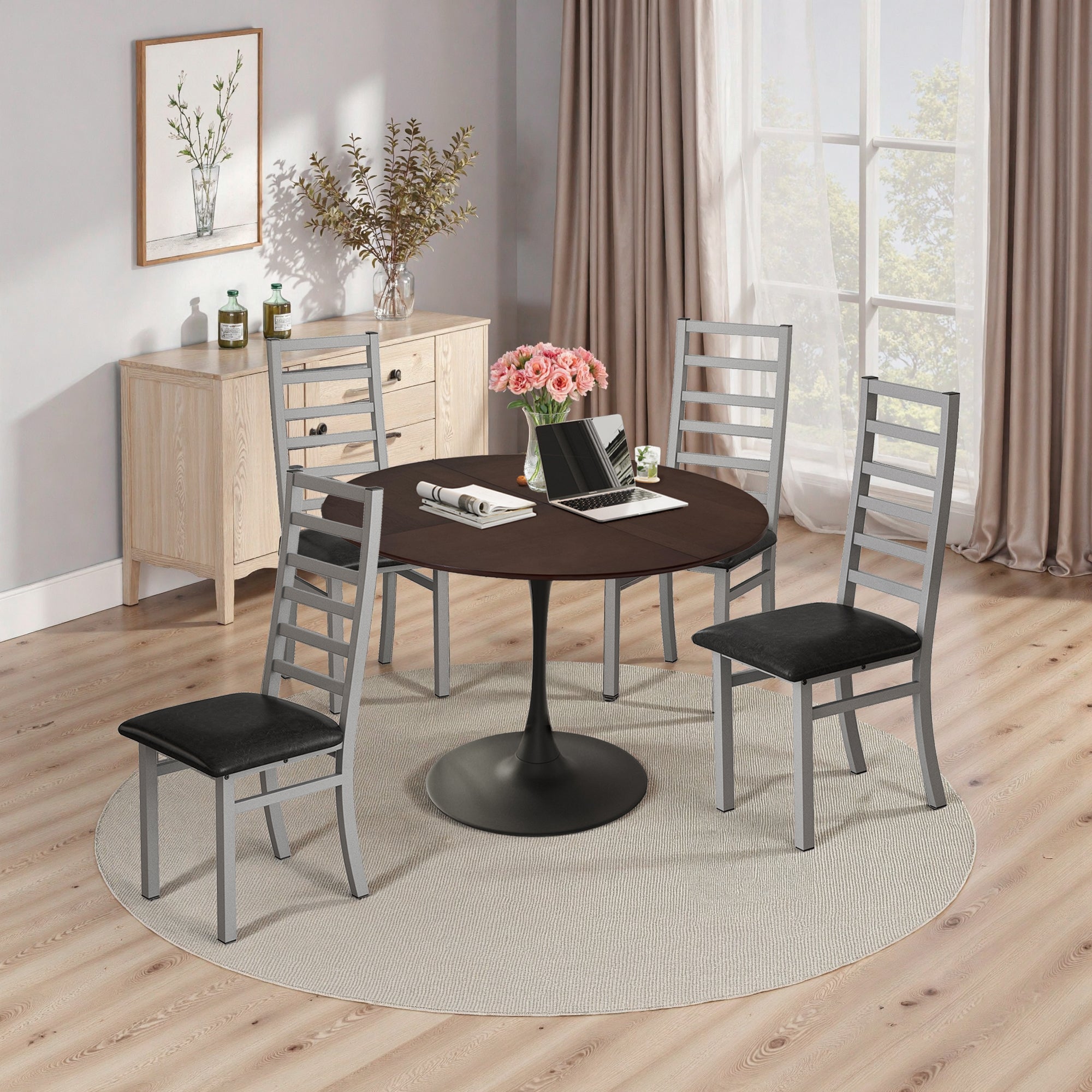 Modern Round Dining Table, 47.24" Four Patchwork Tabletops, Oak Wood Grain & Metal