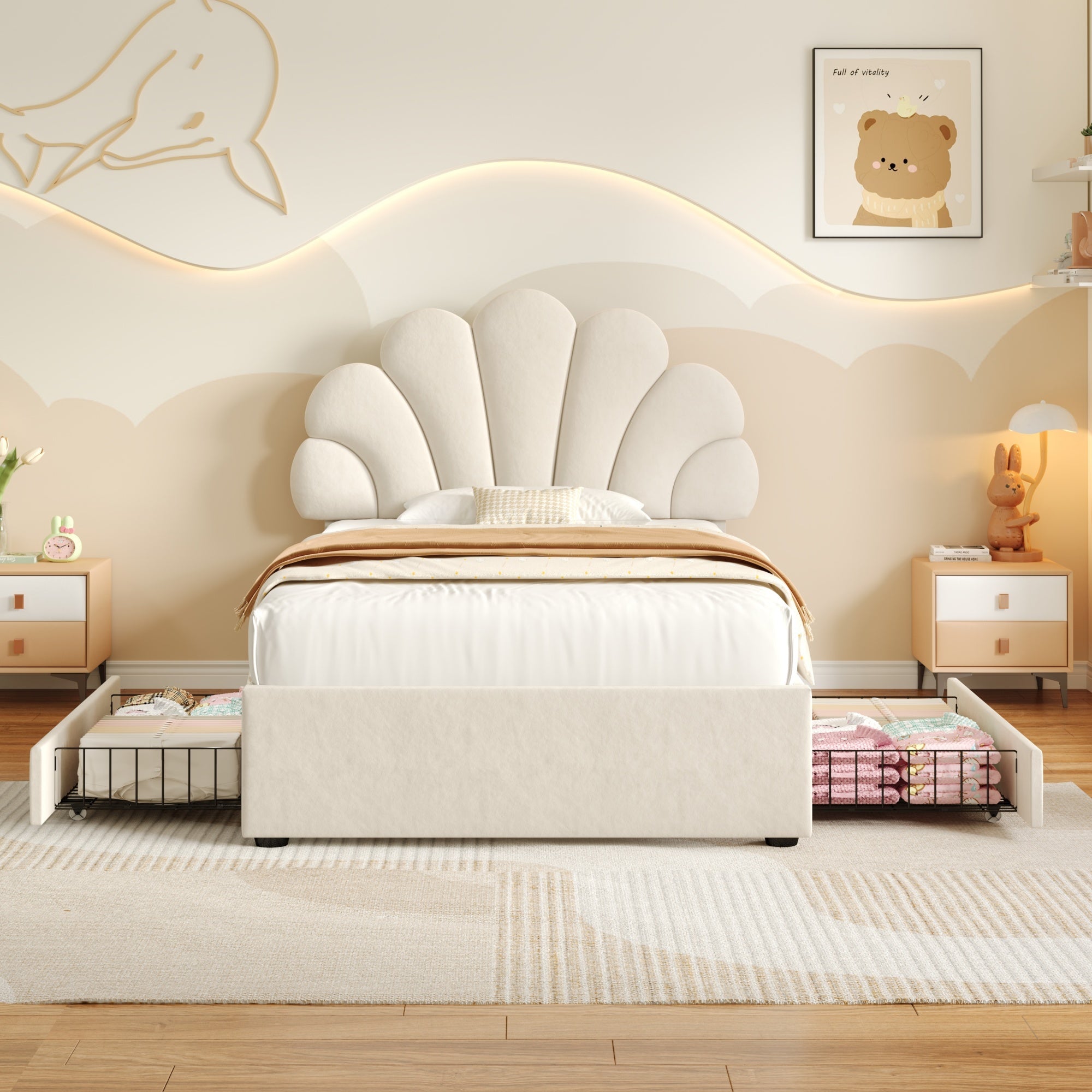 3ft Single Upholstered Bed with Adjustable Chic Petal Headboard and 2 Storage Drawers, Beige Velvet