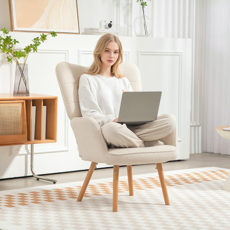 Modern Accent Chair, Tufted Wingback Armchair with Wood Legs, Cream White