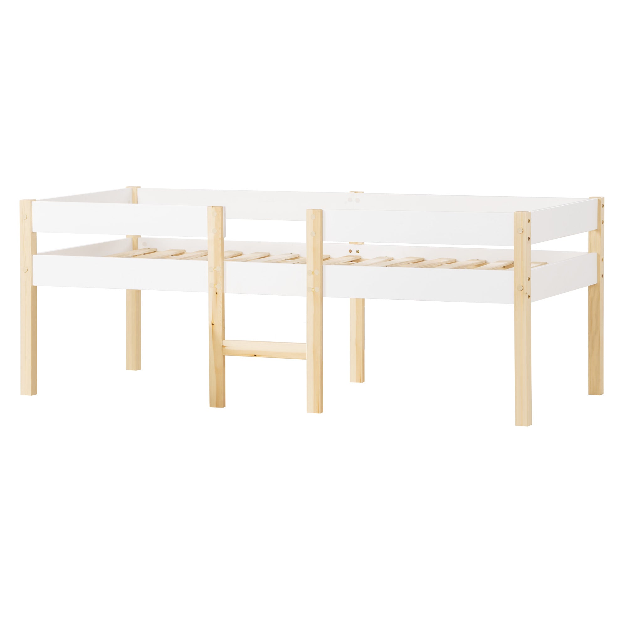 Children's bed with fall protection, 90x200 cm, solid pine wood, white & oak