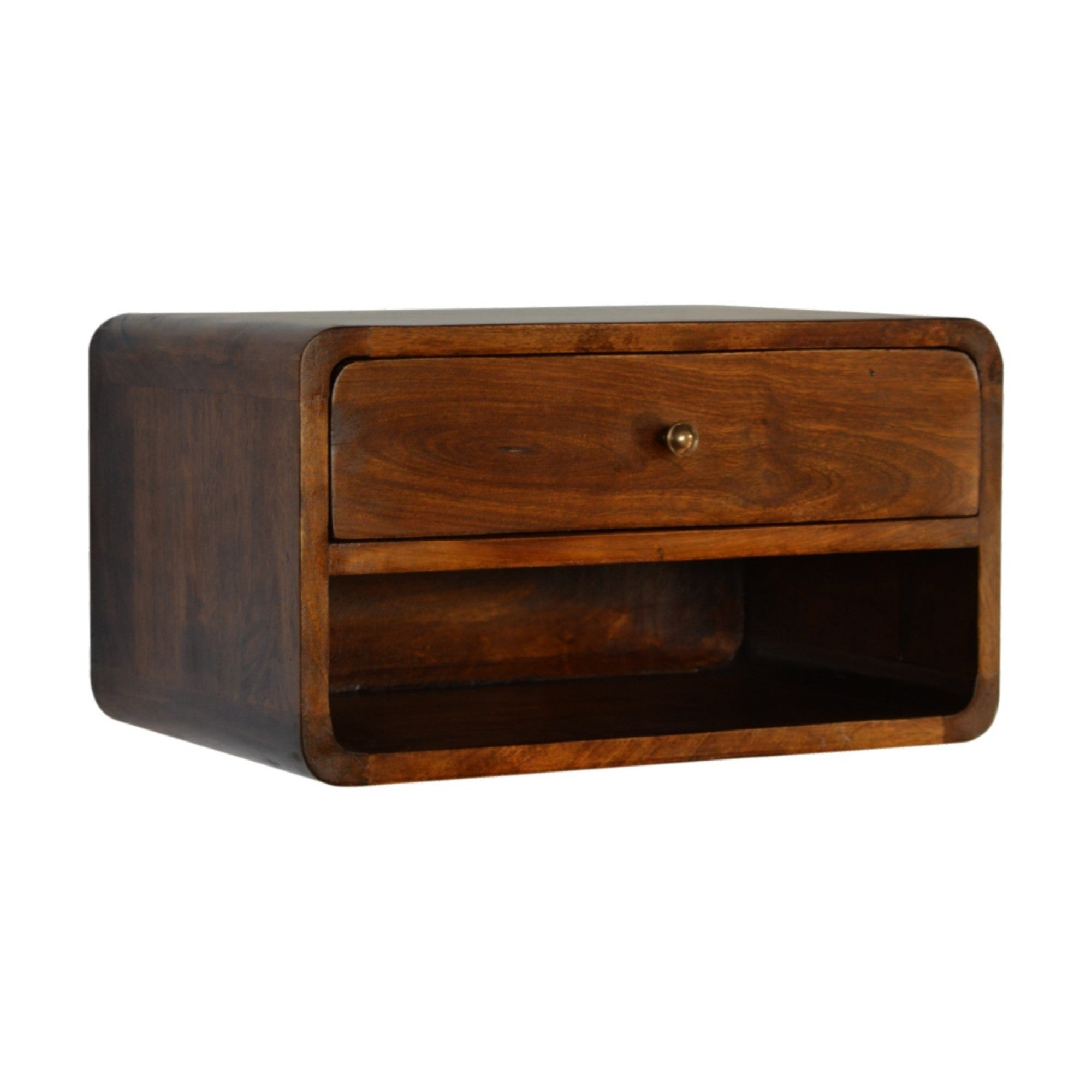 Floating Bedside, 1 Drawer Open Shelf, Dark Brown Solid Wood