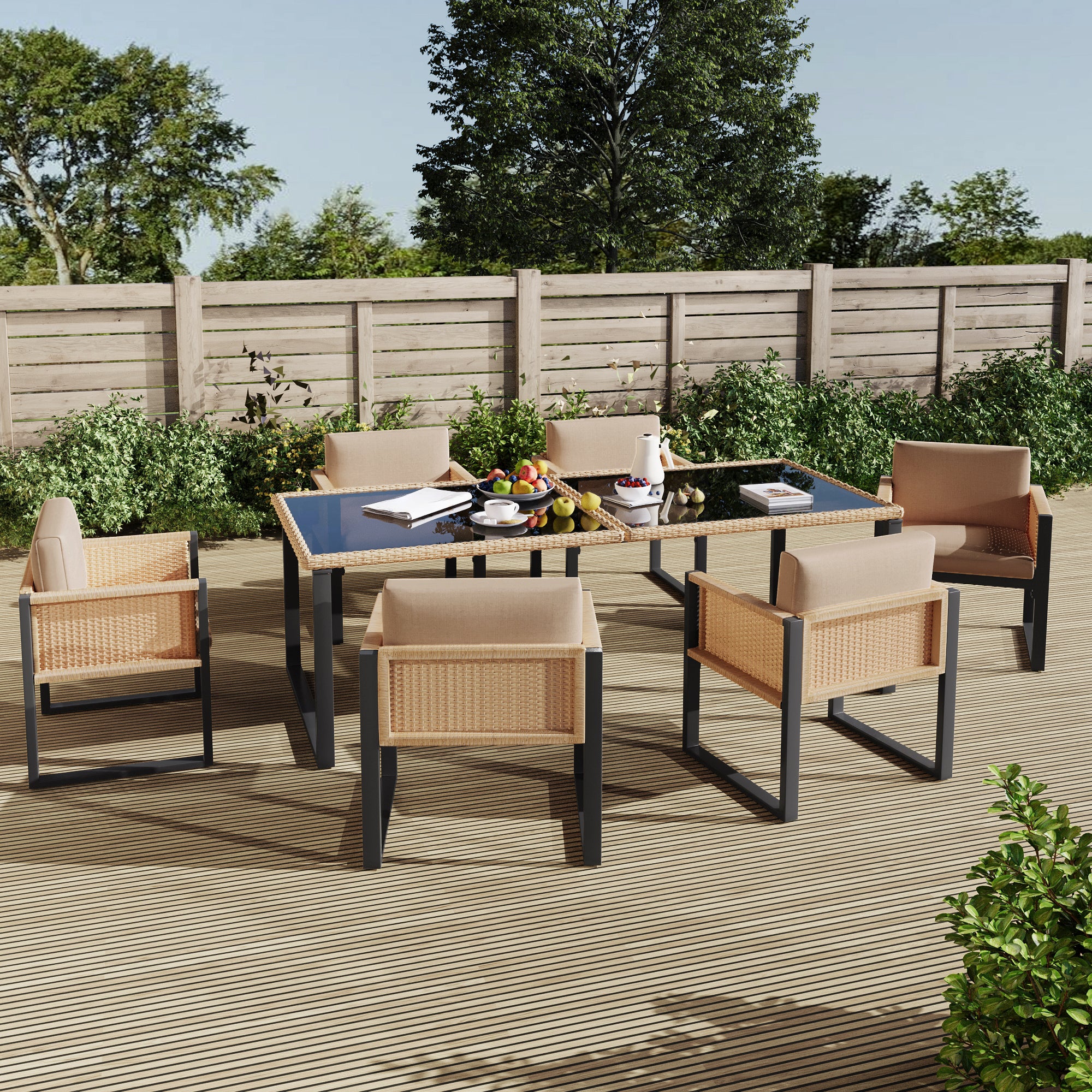 Polyrattan Dining Set 6-Person Armchairs Removable Covers