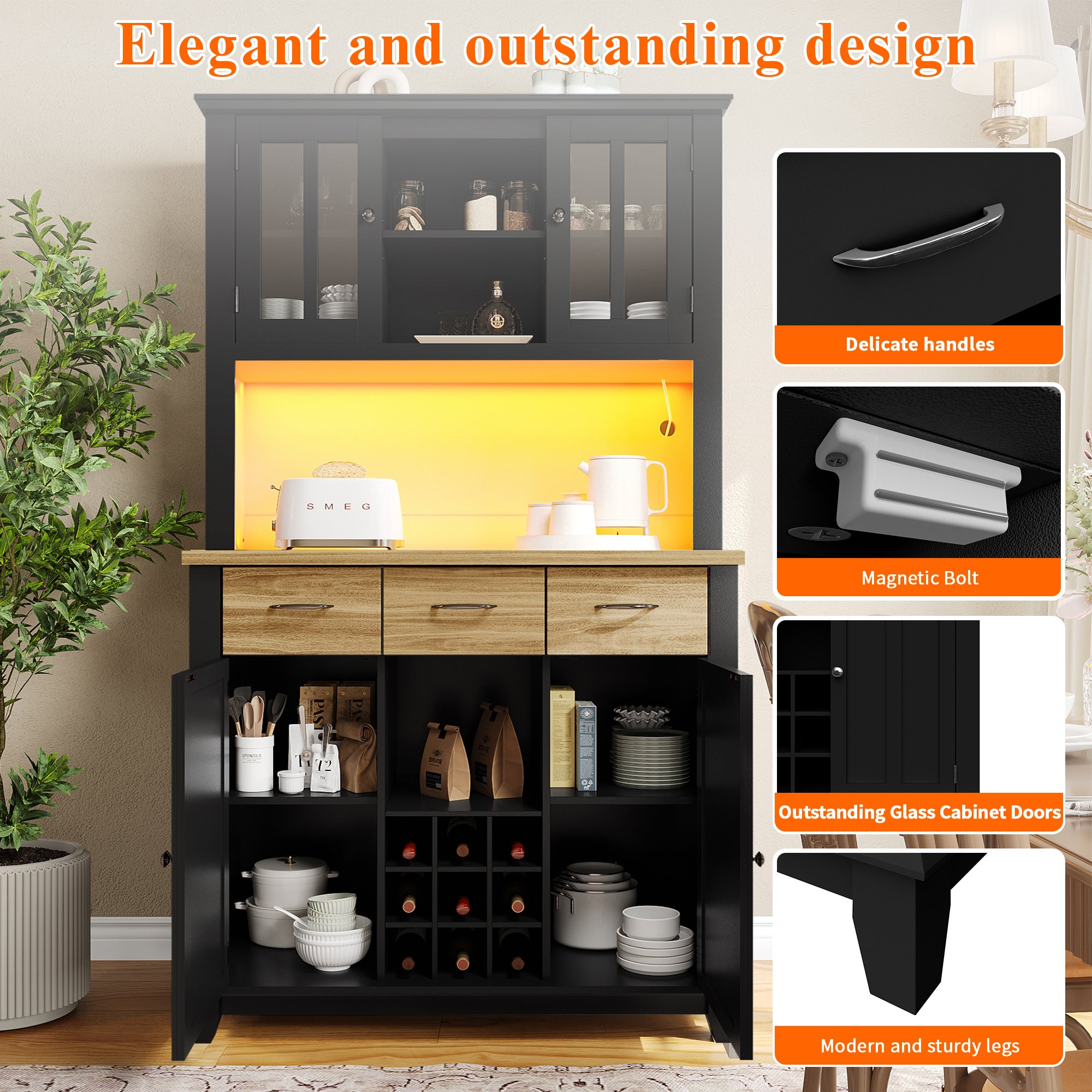 Kitchen Tall Cabinet 106cm Adjustable Shelves LED - Wood Drawers
